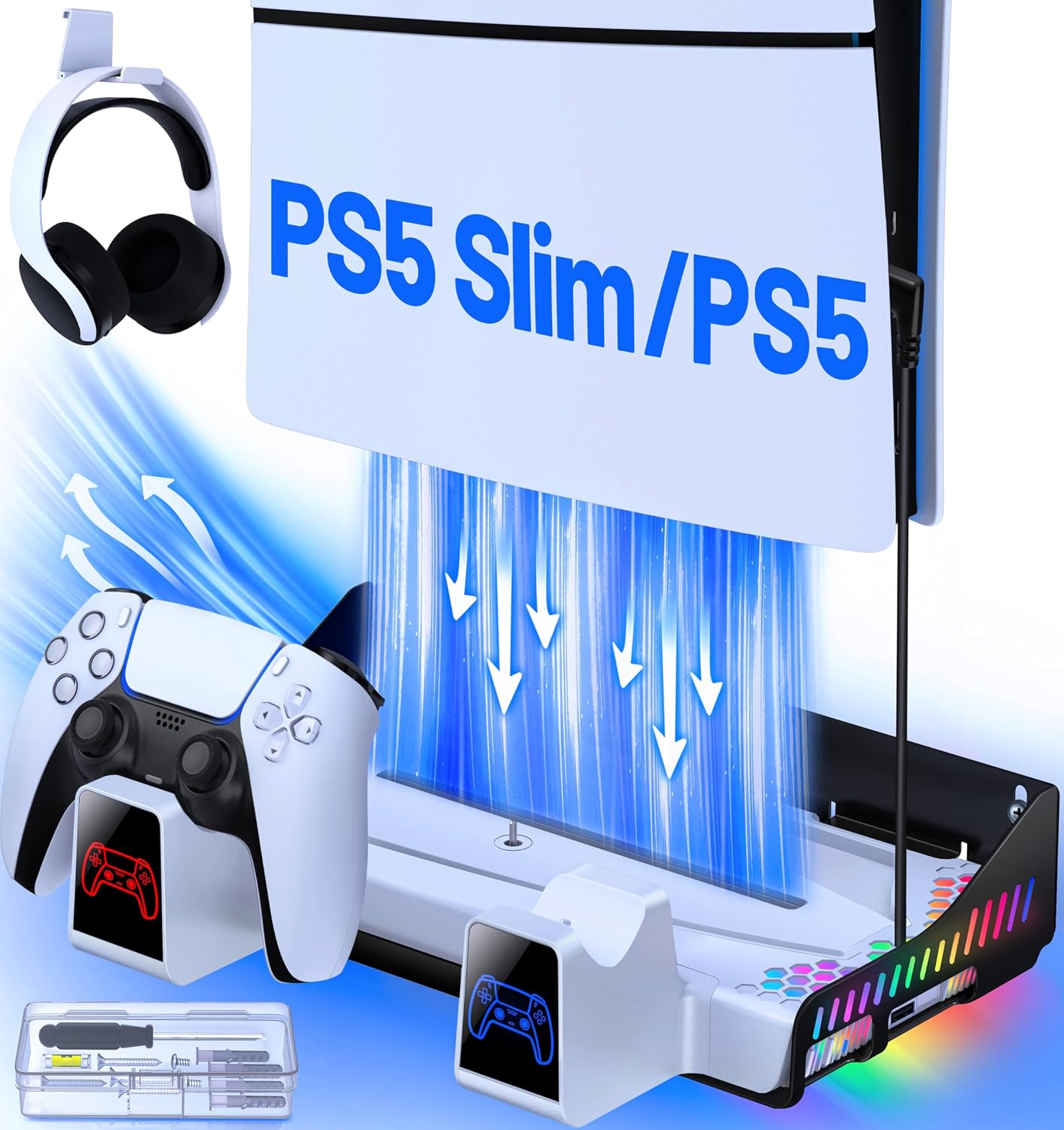 Detalle de HELLCOOL PS5 Wandhalterung: All-in-One Standfuß mit Kühlung, Ladefunktion und RGB für PS5 Slim/Disc/Digital