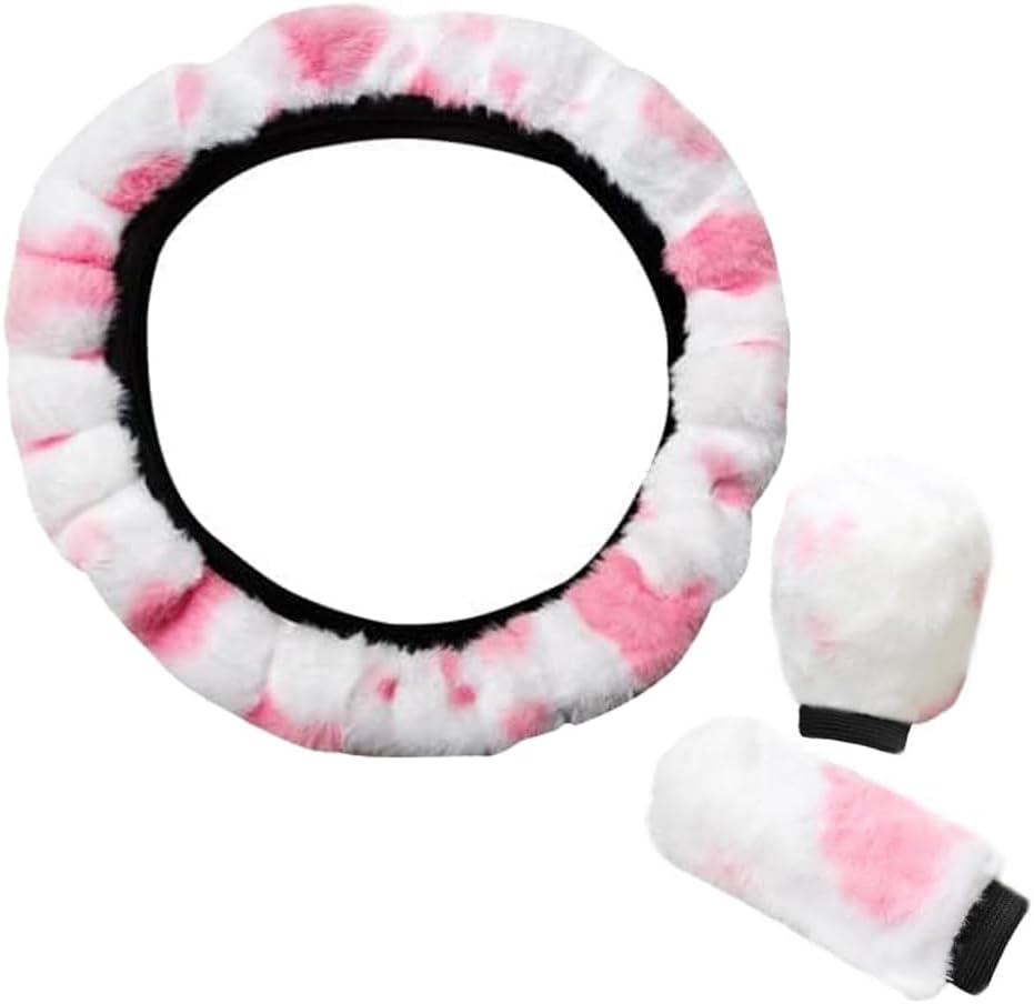 3Pcs Fluffy Cow Print Steering Wheel Covers – Winter Warm Plush Set (37–38cm)