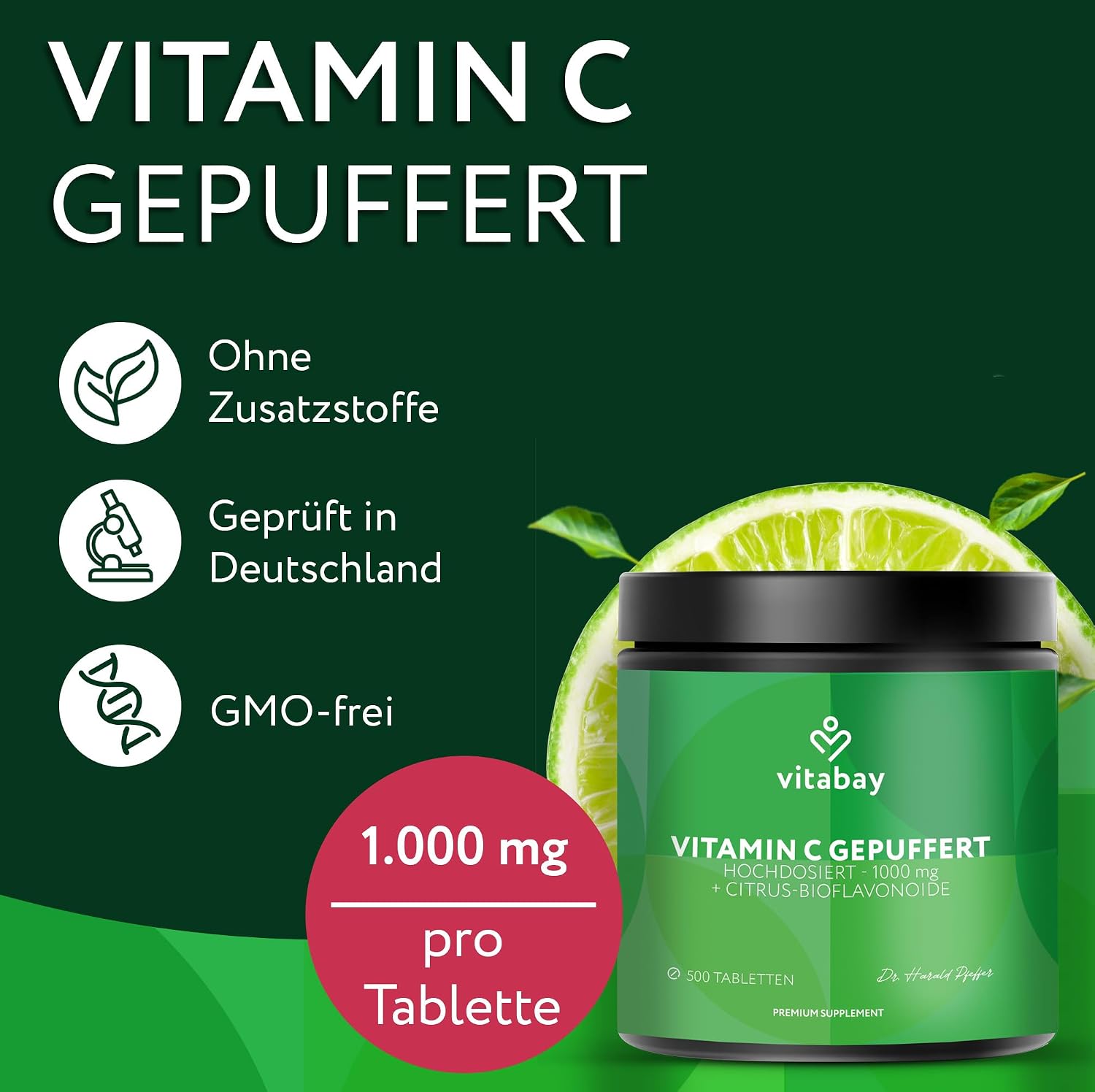 Detalle de Vitabay Vitamin C 1000 mg – 500 vegane Time-Released Tabletten mit Depot-Effekt
