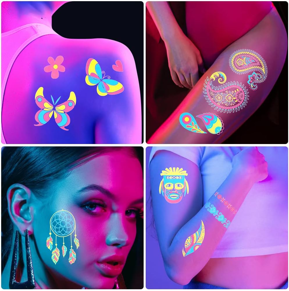 Detalle 2 de ACWOO neontattoos, 200+ ontwerpen met UV-gloed en waterbestendige stickers