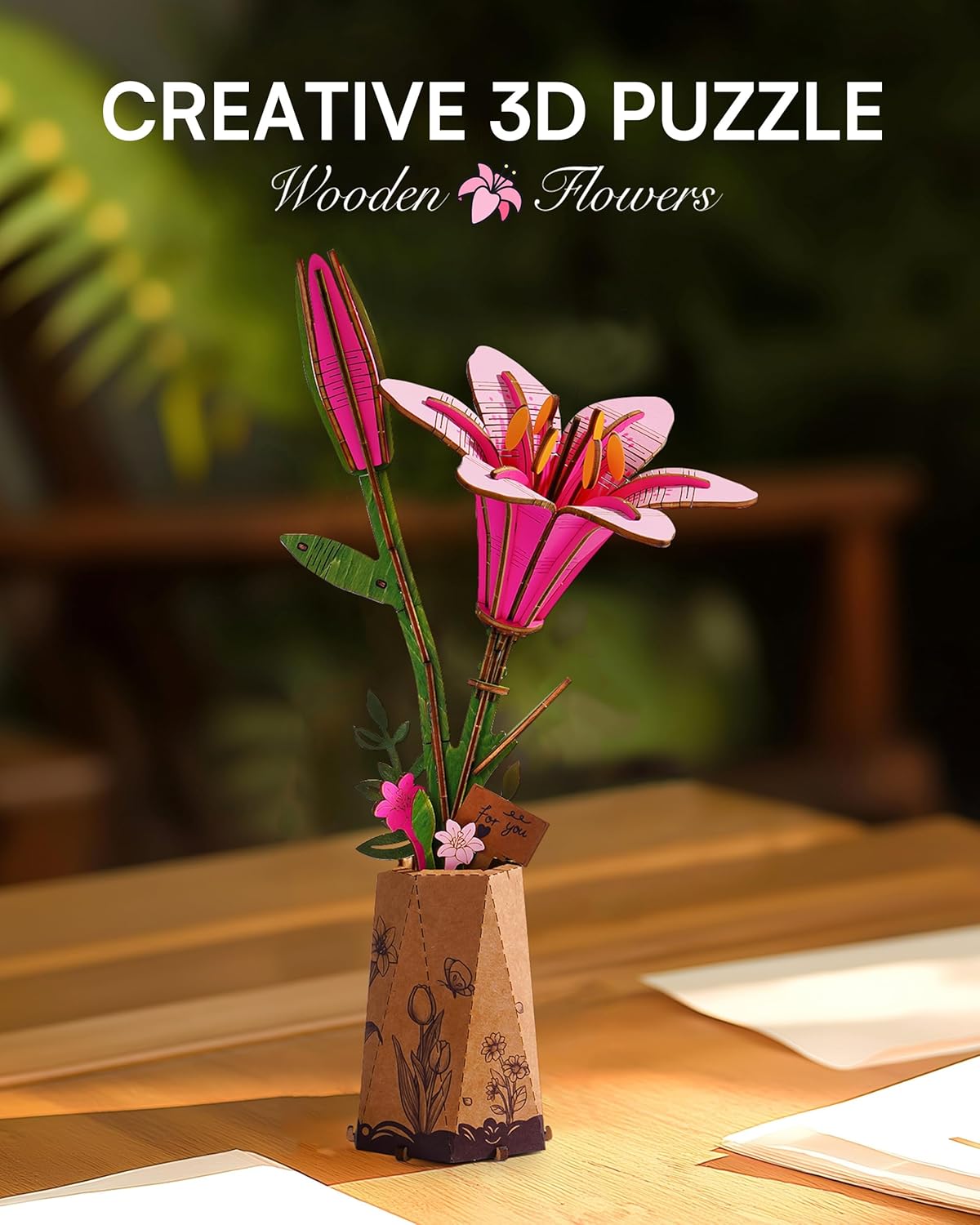 Thumbnail 2 de ROBOTIME 3D Puzzle Pink Lily: Wooden Flower Model Kit for Relaxed Crafting & Beautiful Home Décor