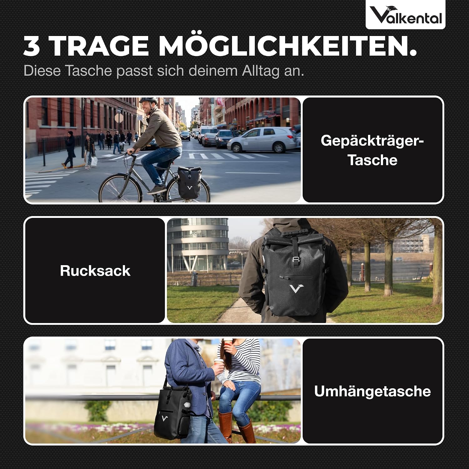 Detalle de Valkental 3in1 Fahrradtasche Pro – Das Original, 23 L, 100% wasserdicht, vielseitig einsetzbar