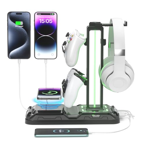 Detalle de KDD LED: Soporte para Auriculares Gaming con Carga Inalámbrica, Mando PS5 y Cascos – 2 USB, USB-C y 9 Modos de Luz
