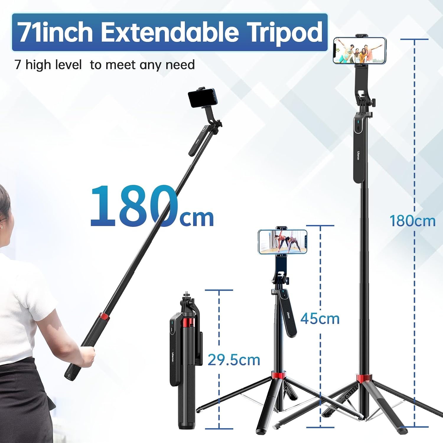 Detalle de ULANZI MA09 Phone Tripod, 71-Inch Selfie Stick with Rechargeable Remote
