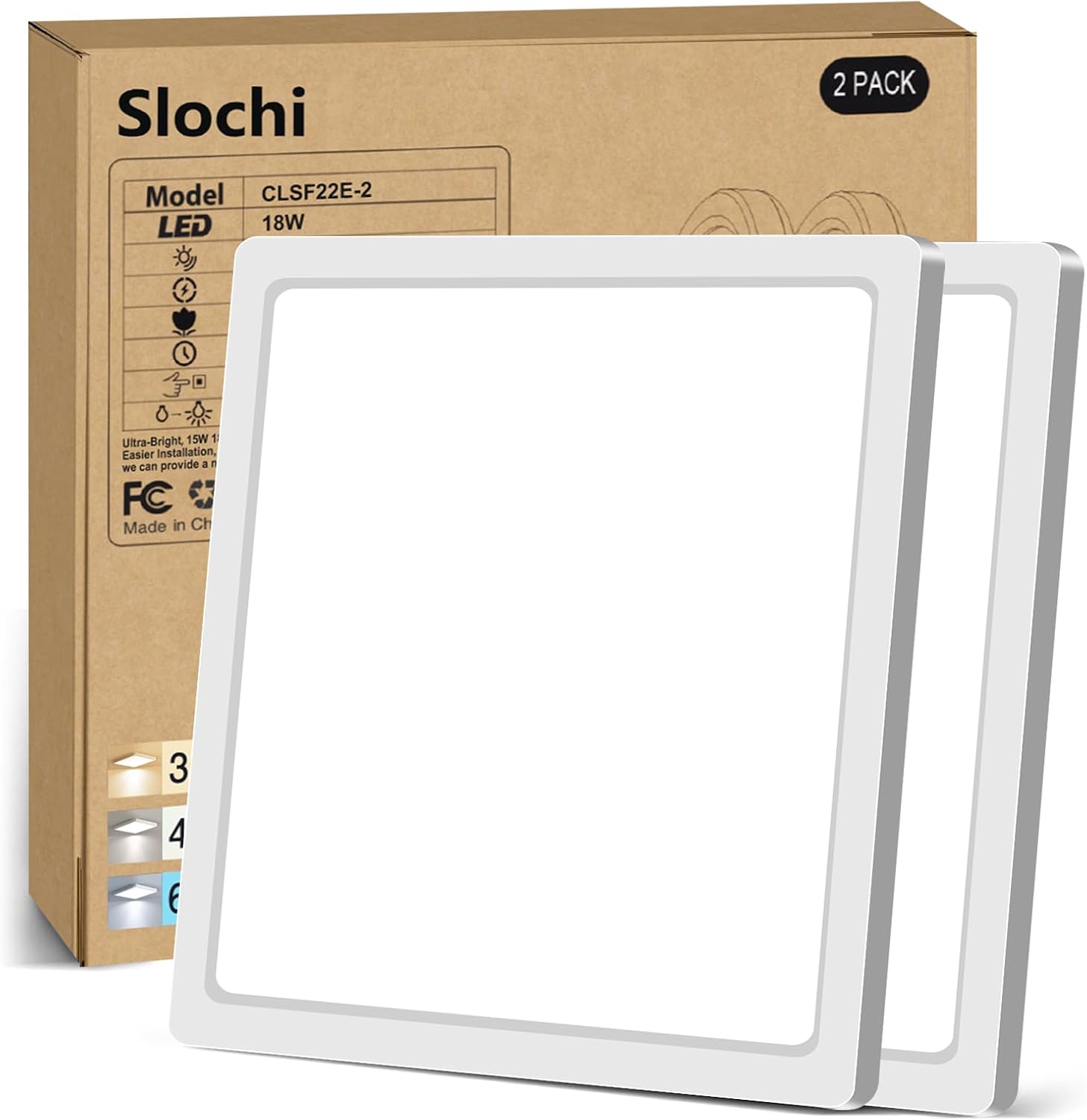 Detalle de Slochi 2Pack LED Ceiling Light – 3 Colour Temperatures, IP54 Waterproof, 18W, 2100LM, Ø22cm
