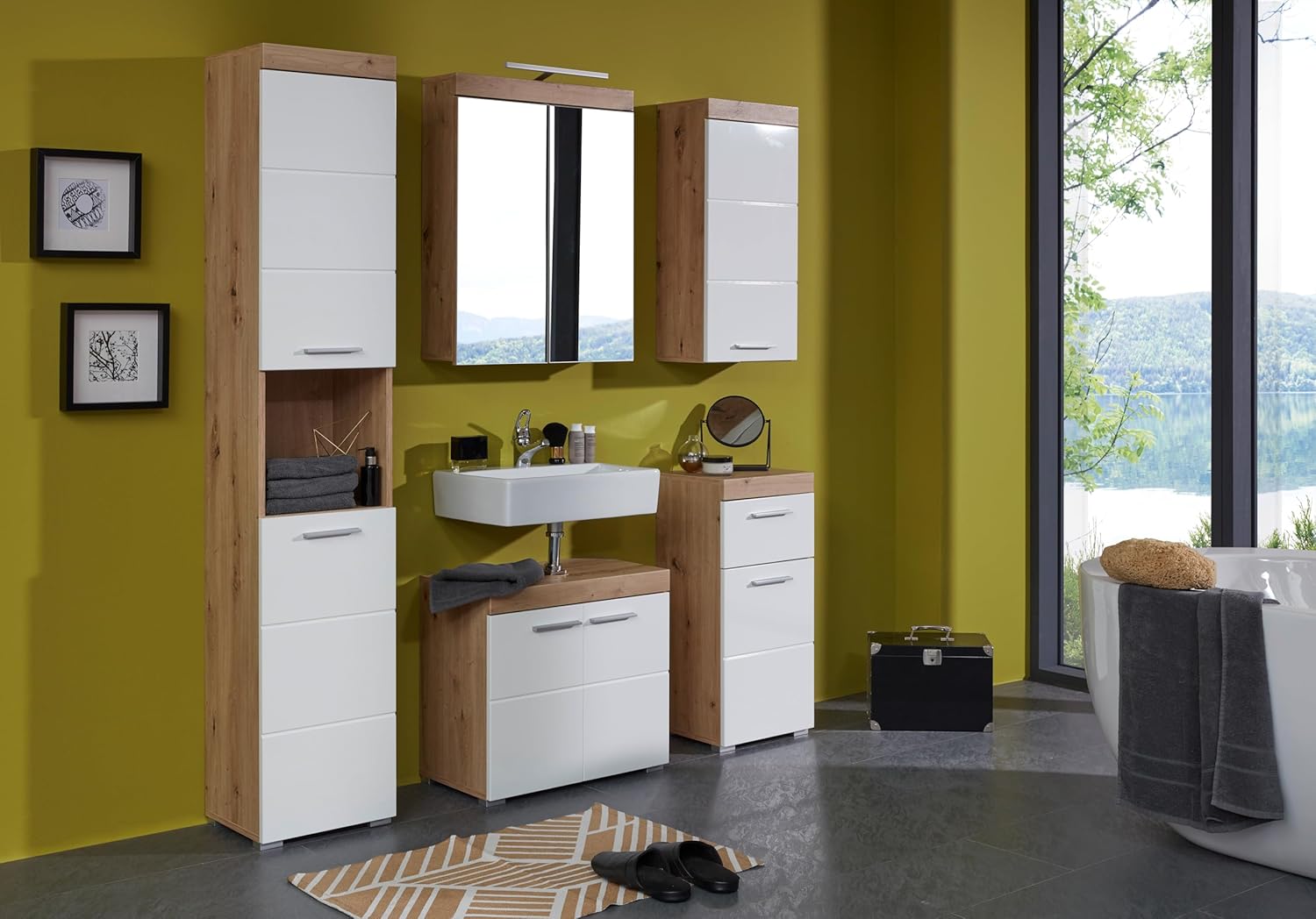Thumbnail 3 de trendteam smart living „Amanda“ Waschbeckenunterschrank in Weiß/Weiß Hochglanz mit Asteiche-Optik, 60 x 56 x 34 cm