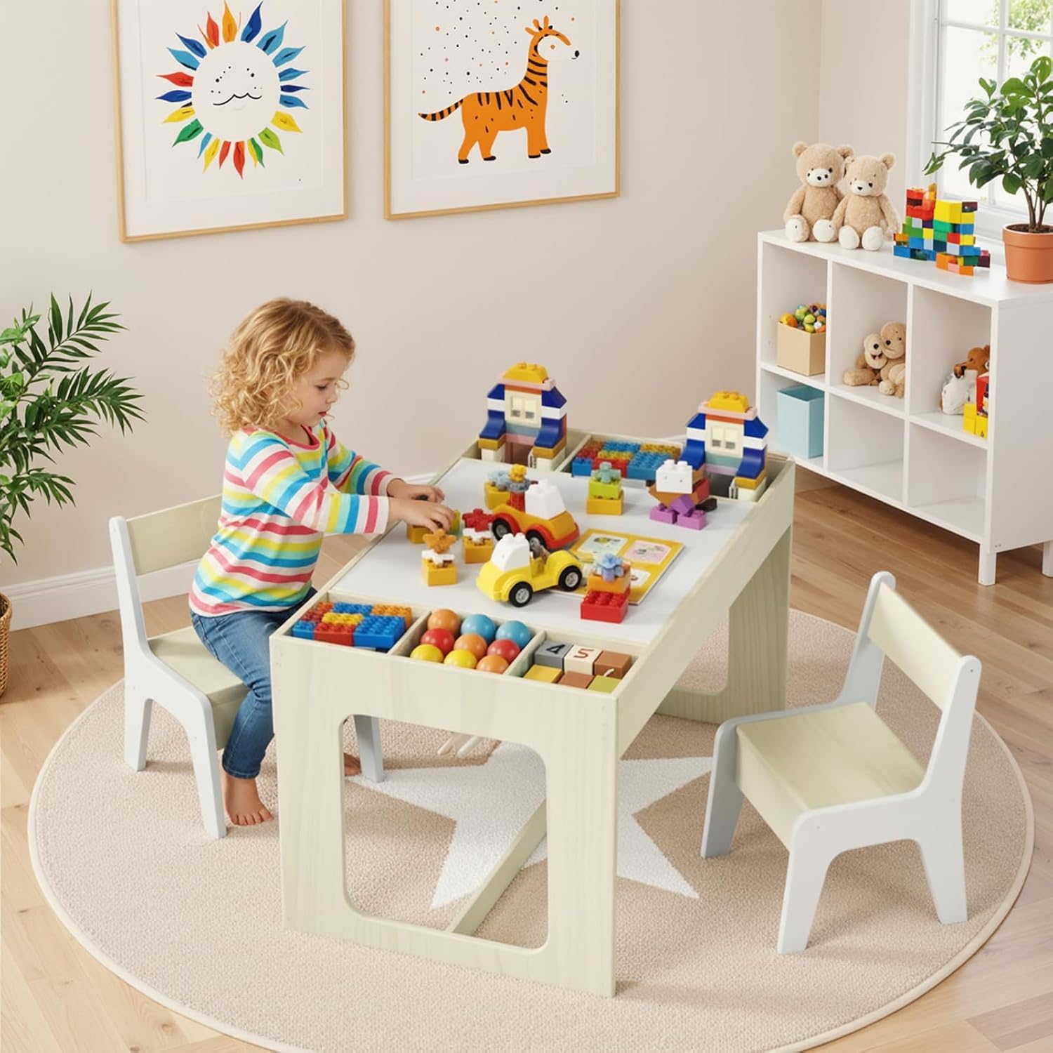 Detalle de Clevich Kindersitzgruppe mit Stauraum: Kindertisch mit 2 Stühlen und drehbarer Tischplatte (für ab 3 Jahren)