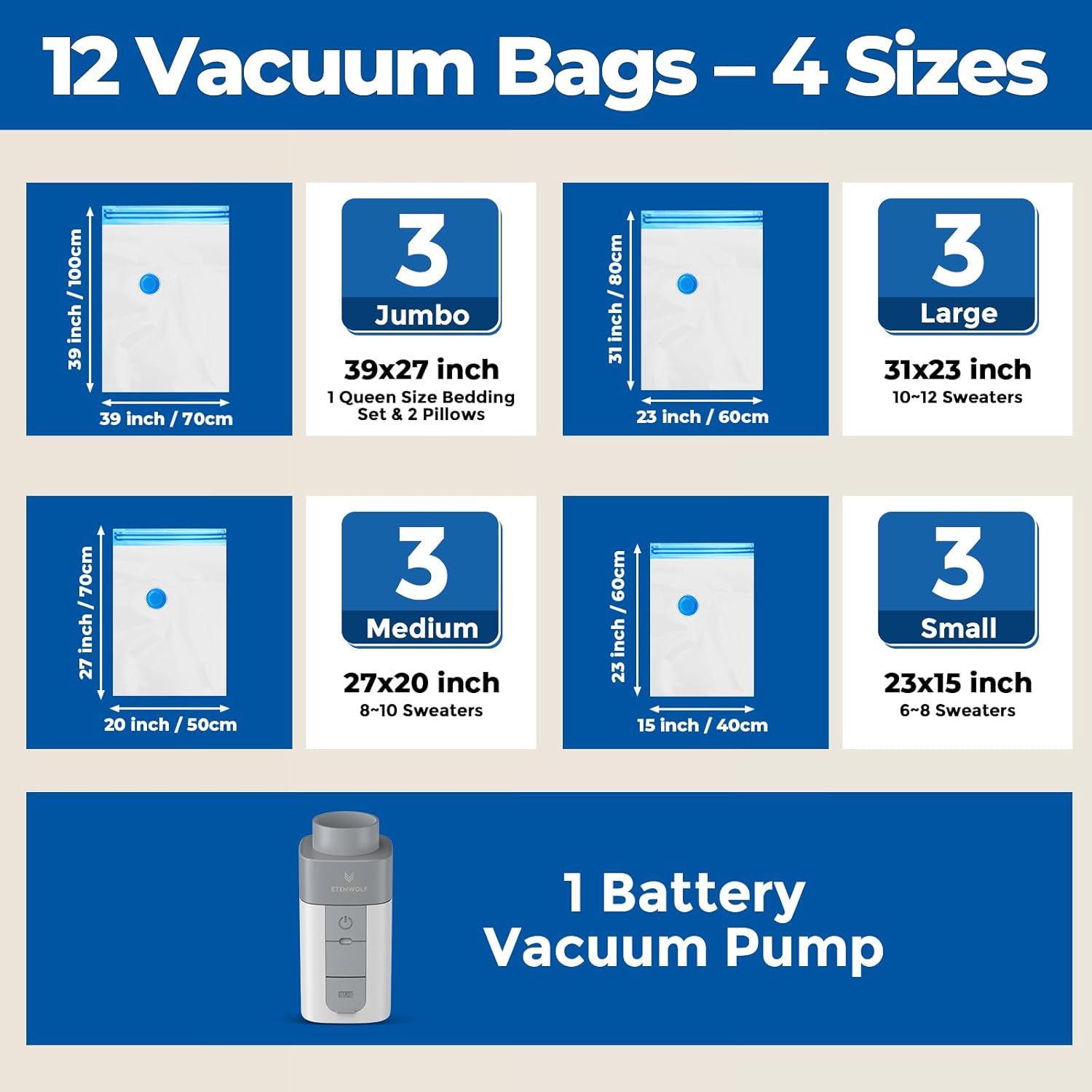 Thumbnail 5 de ETENWOLF 12-Pack Vacuum Storage Bags with Rechargeable Wireless Pump