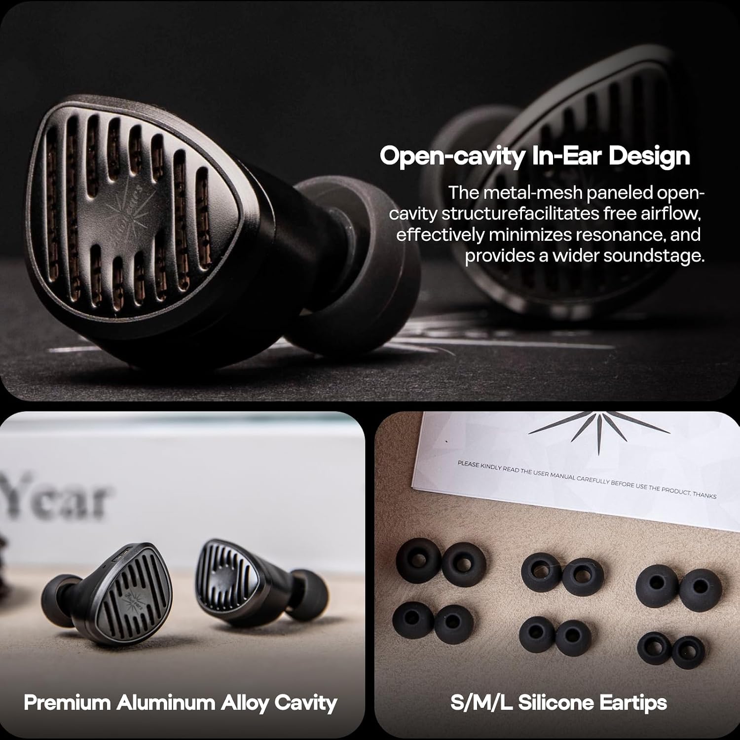 Detalle de Linsoul Kiwi Ears Septet Quadbrid 1DD+4BA+Planar+PZT open-back IEM with modular 3.5mm/4.4mm cable