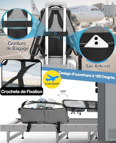 Detalle de LYNXCHER Sac à dos cabine avion 40x30x20 – Anti-vol, compartiment PC 15,6