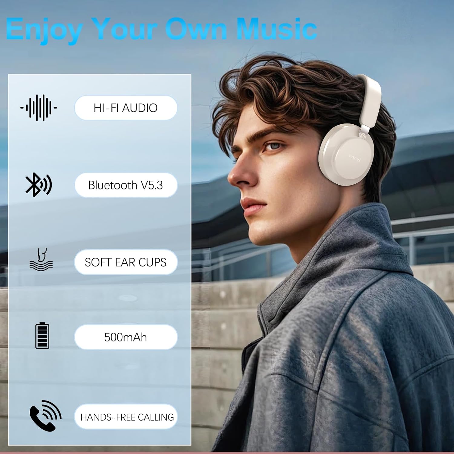 Thumbnail 6 de Noise Cancelling Wireless Over-Ear Headphones with Microphone (Beige) – 65h Playtime