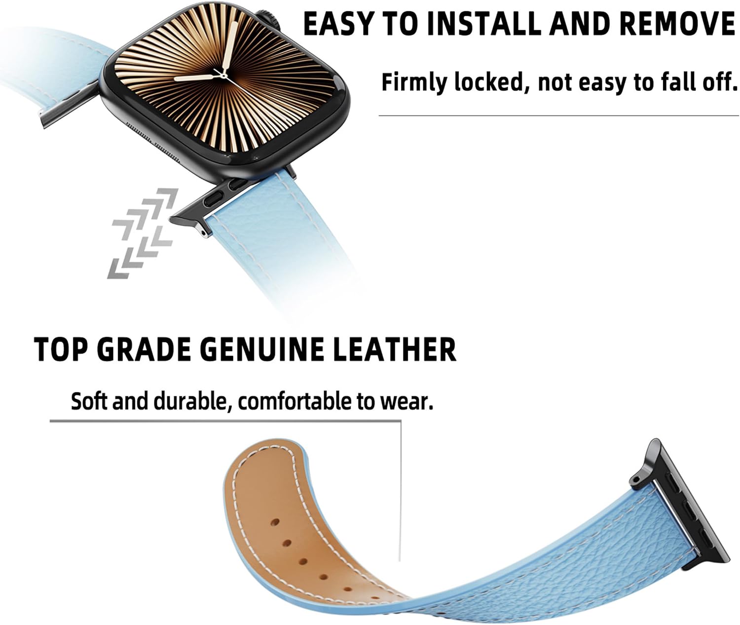 Detalle de Leather Watch Band with Magnetic Buckle for Apple Watch (Ultra/Series/SE) – natural cowhide replacement strap