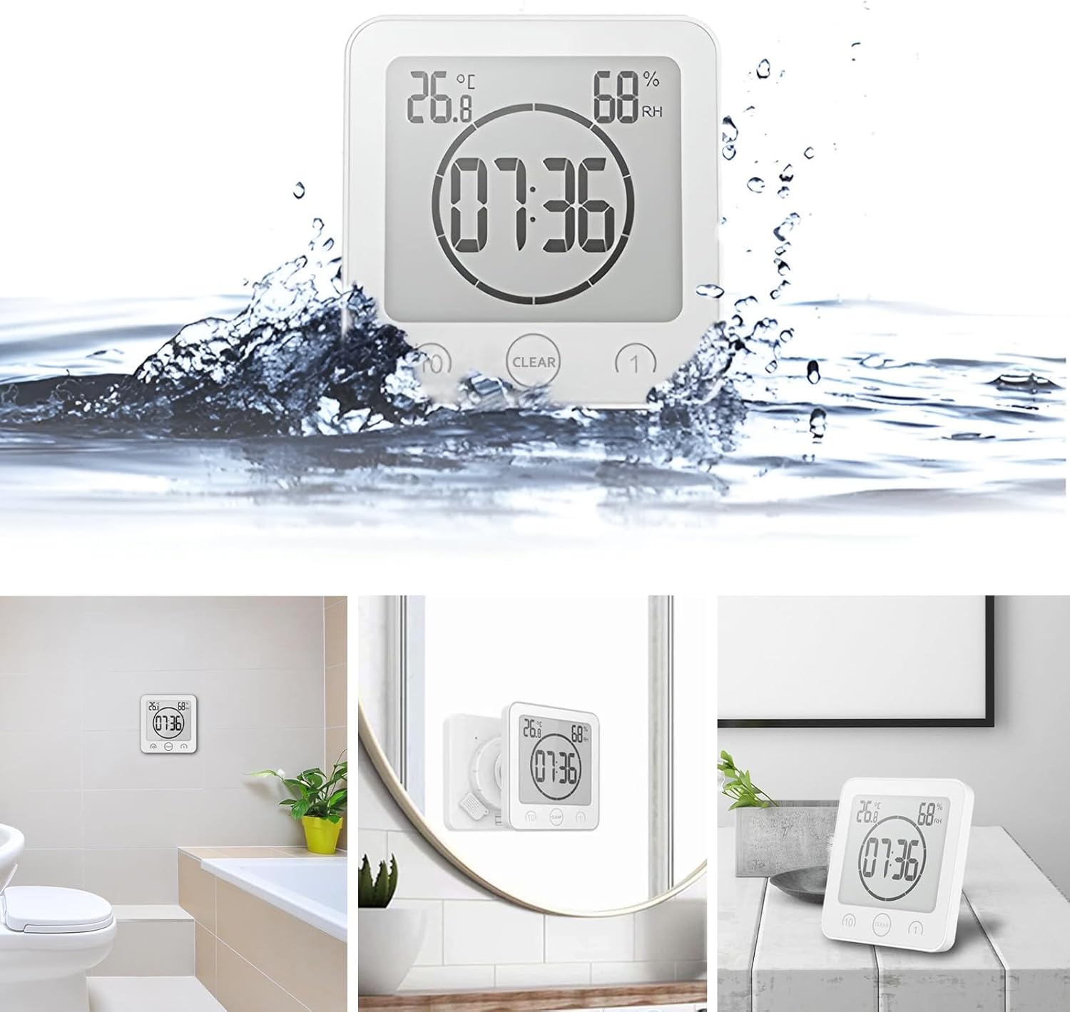 Thumbnail 1 de VORRINC horloge de salle de bain numérique à ventouse avec LCD, température et humidité