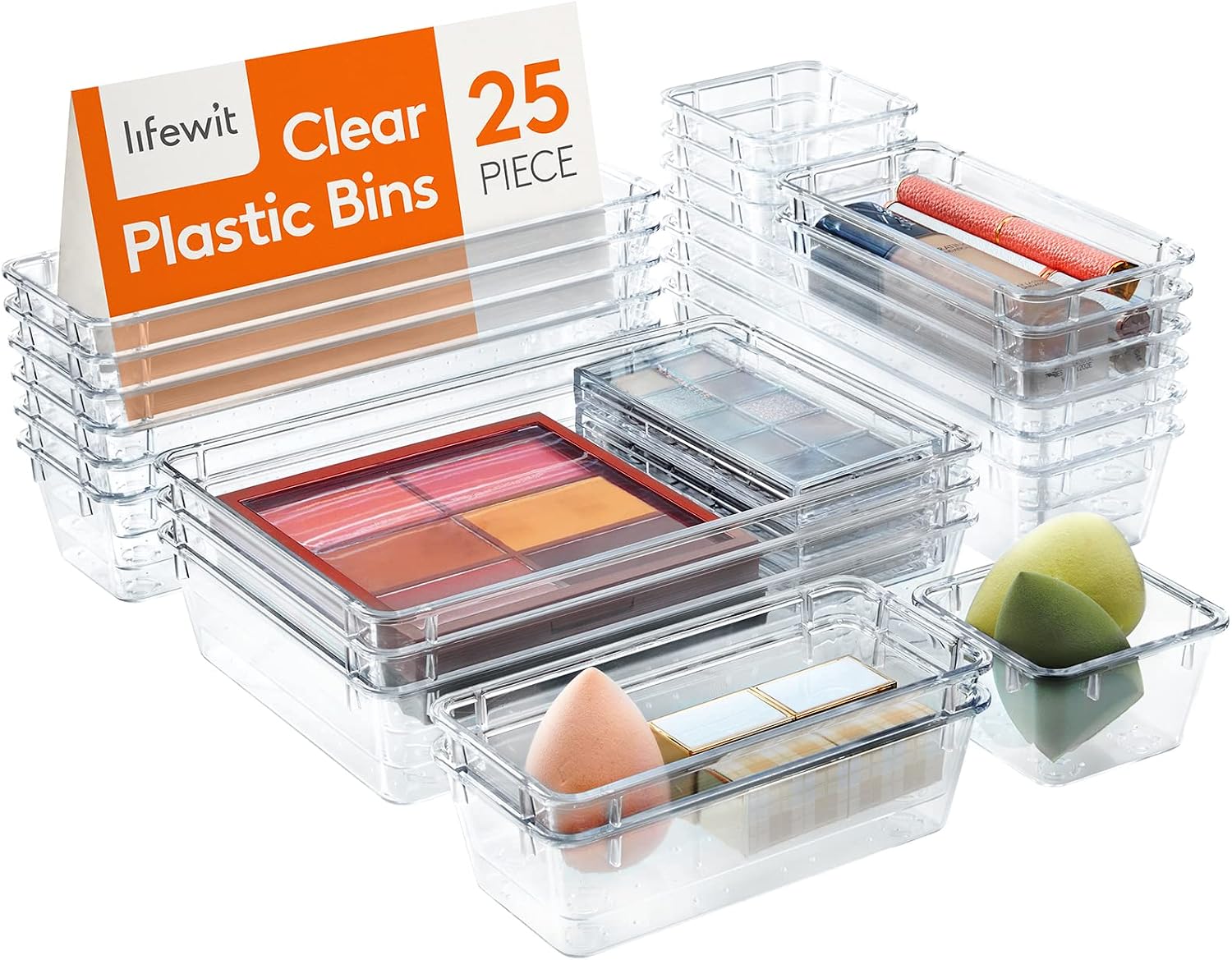 Detalle de LIFEWIT 25-teiliges Schubladen-Organizer-Set — klare Kunststoff-Boxen in 4 Größen für Ordnung auf Schminktischen, Schreibtischen und Bad