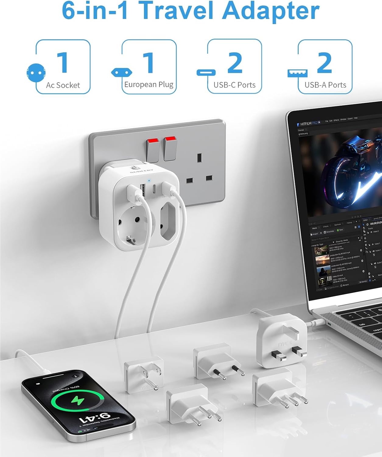 Thumbnail 2 de Reiseadapter Weltweit 6-in-1 Reiseadapter mit USB-C & USB-A (5 Stecker, 5 Länder-Steckertypen)