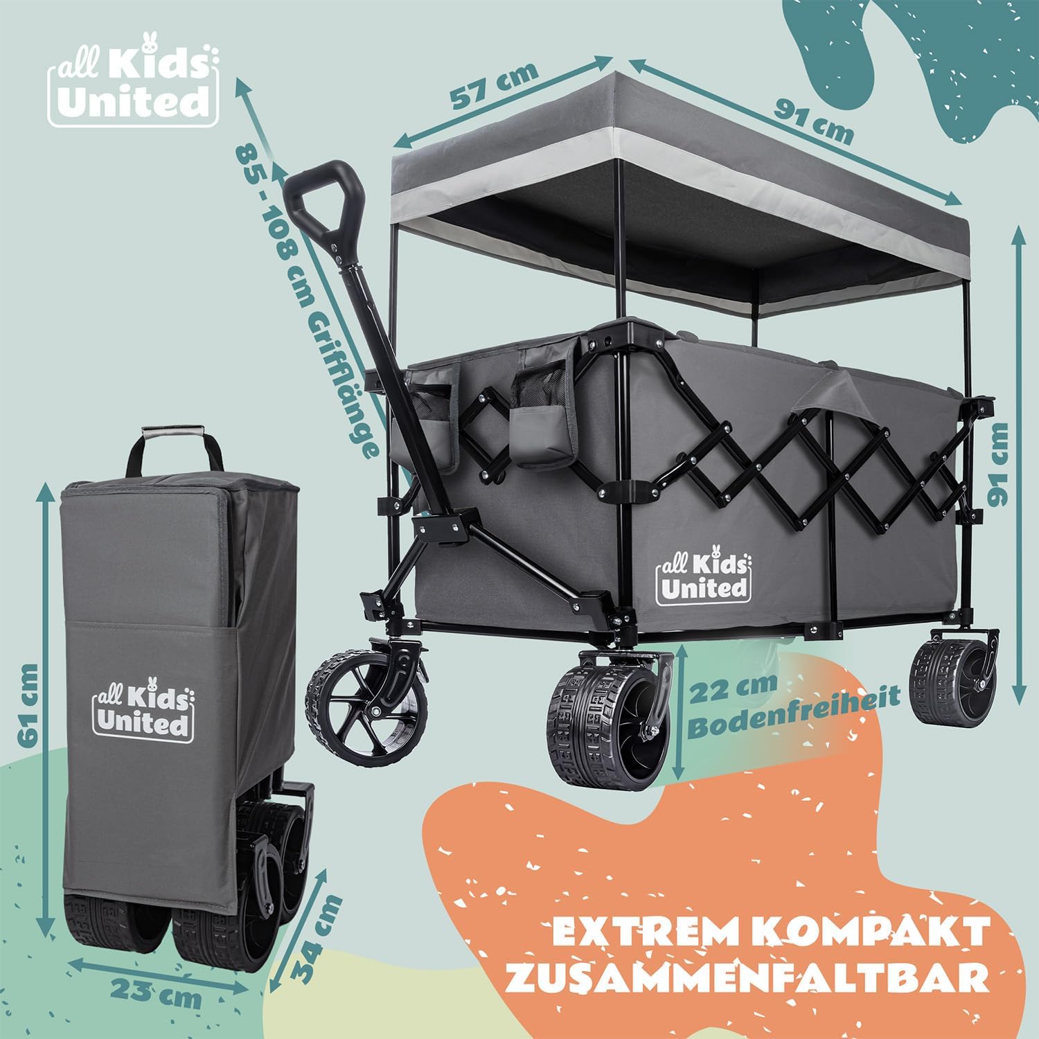 Thumbnail 5 de all Kids United faltbarer Bollerwagen Handwagen Transportkarre (Strand-Buggy) – grau, bis 90 l & 150 kg