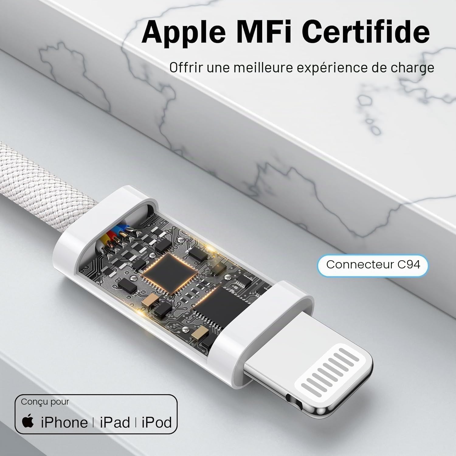 Thumbnail 1 de Câble iPhone SIZUKA 3m+3m certifié MFi - Nylon tressé, Charge rapide et Data à 480 Mbps
