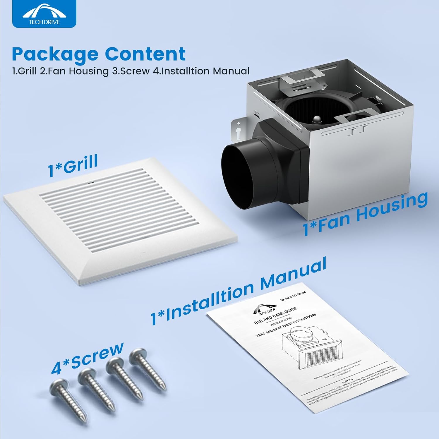 Thumbnail 6 de Tech Drive TD-BF-04 Bathroom Exhaust Fan, 80 CFM, 1.5 Sones, 4-Inch Duct