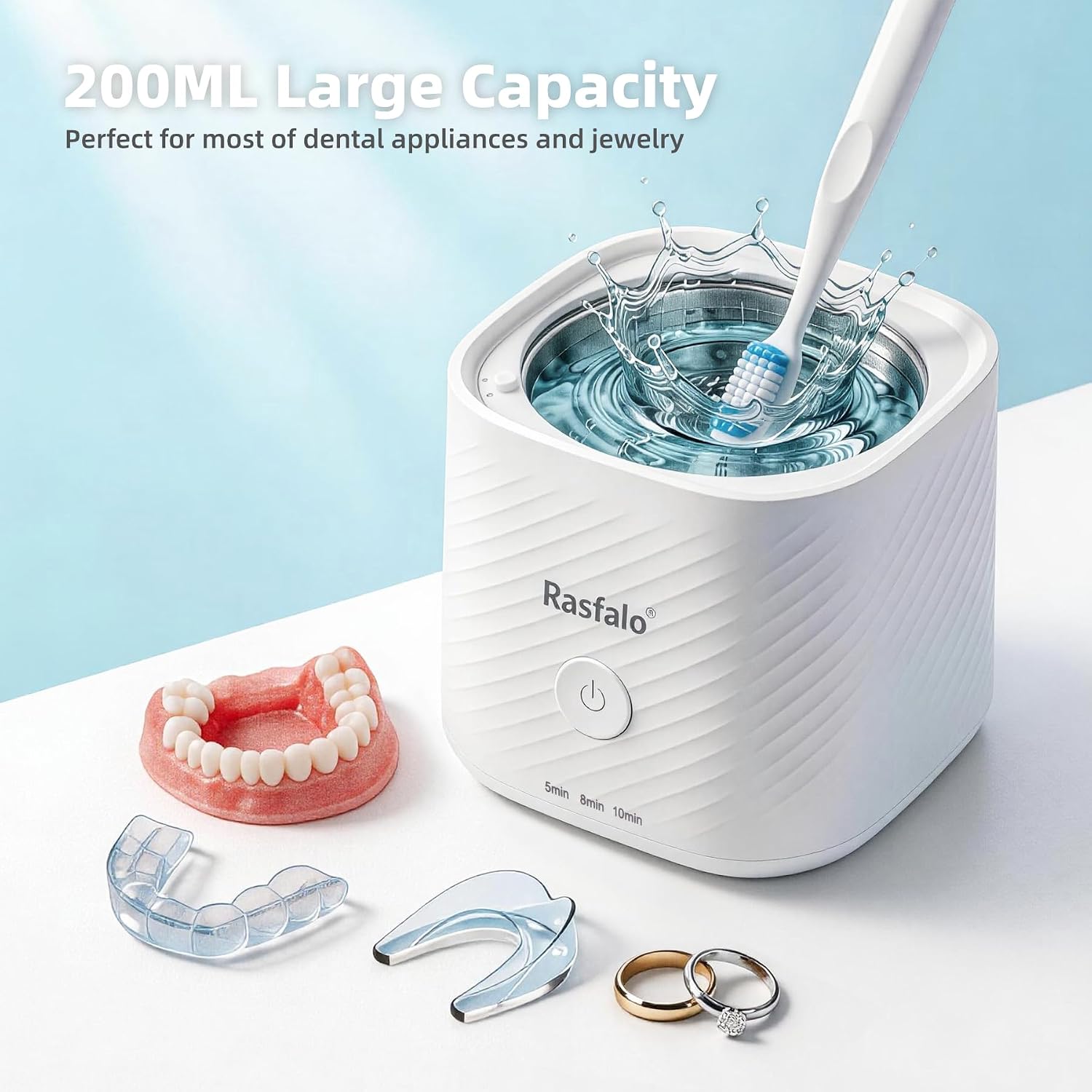 Detalle 2 de Rasfalo Ultraschallreinigungsgerät 48000Hz UV Ultraschallreiniger – 200 ml für Zahnersatz, Retainer, Zahnschiene, Aligner, Mundschutz und Schmuck