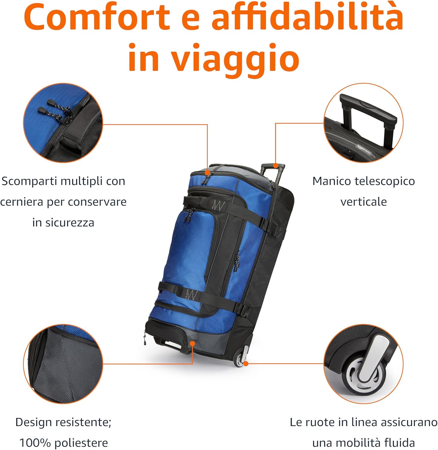 Detalle de Amazon Basics Borsone da Viaggio con Ruote da 137 L: ampia capacità, durevolezza e praticità
