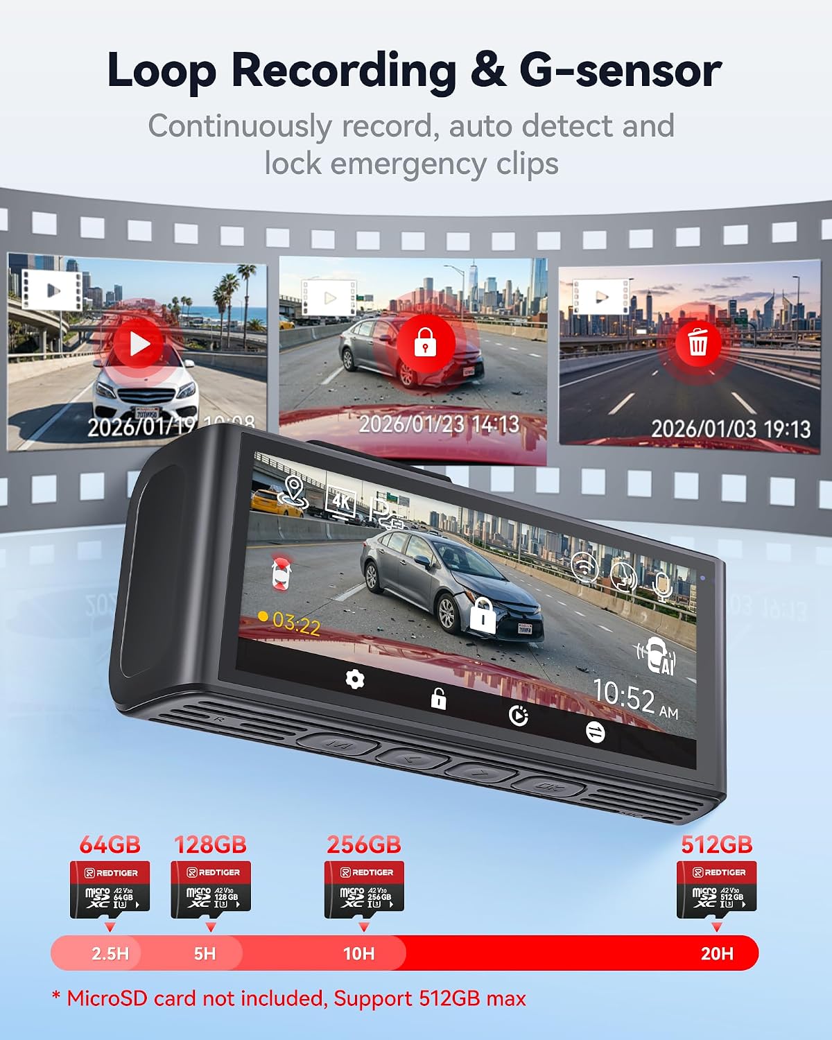 Detalle de REDTIGER F7NA 4K Dashcam Vorne + Hinten – STARVIS 2 IMX678, HDR, GPS, Sprachsteuerung & 24H Parküberwachung