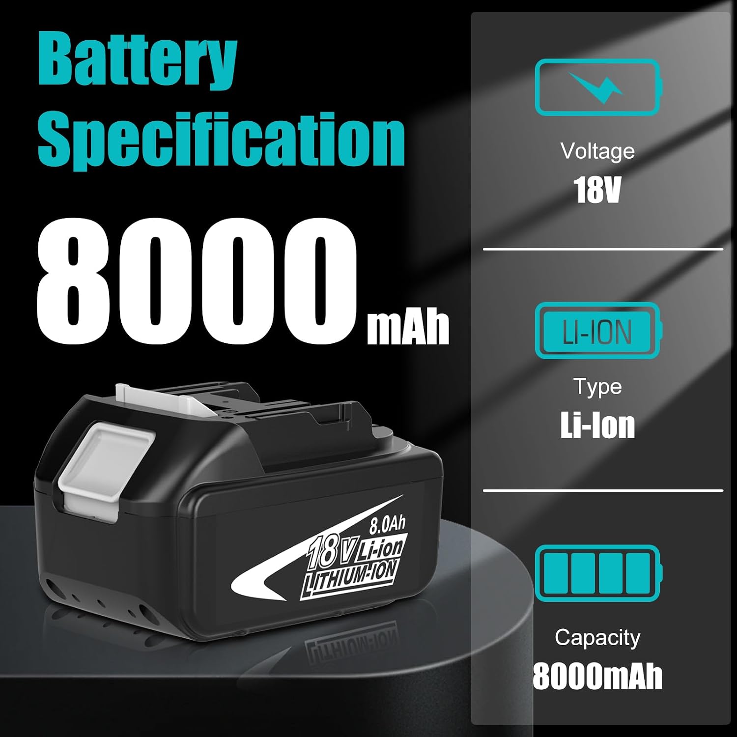 Detalle 2 de OHYES BAT RMA06L 18V 8.0Ah Replacement Battery 4-Pack for Makita LXT