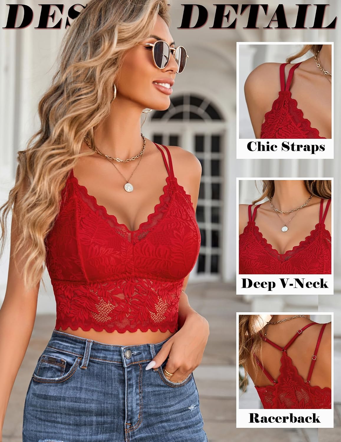 Detalle de Avidlove débardeur femme en dentelle à fines bretelles ajustables (crop top à col V)