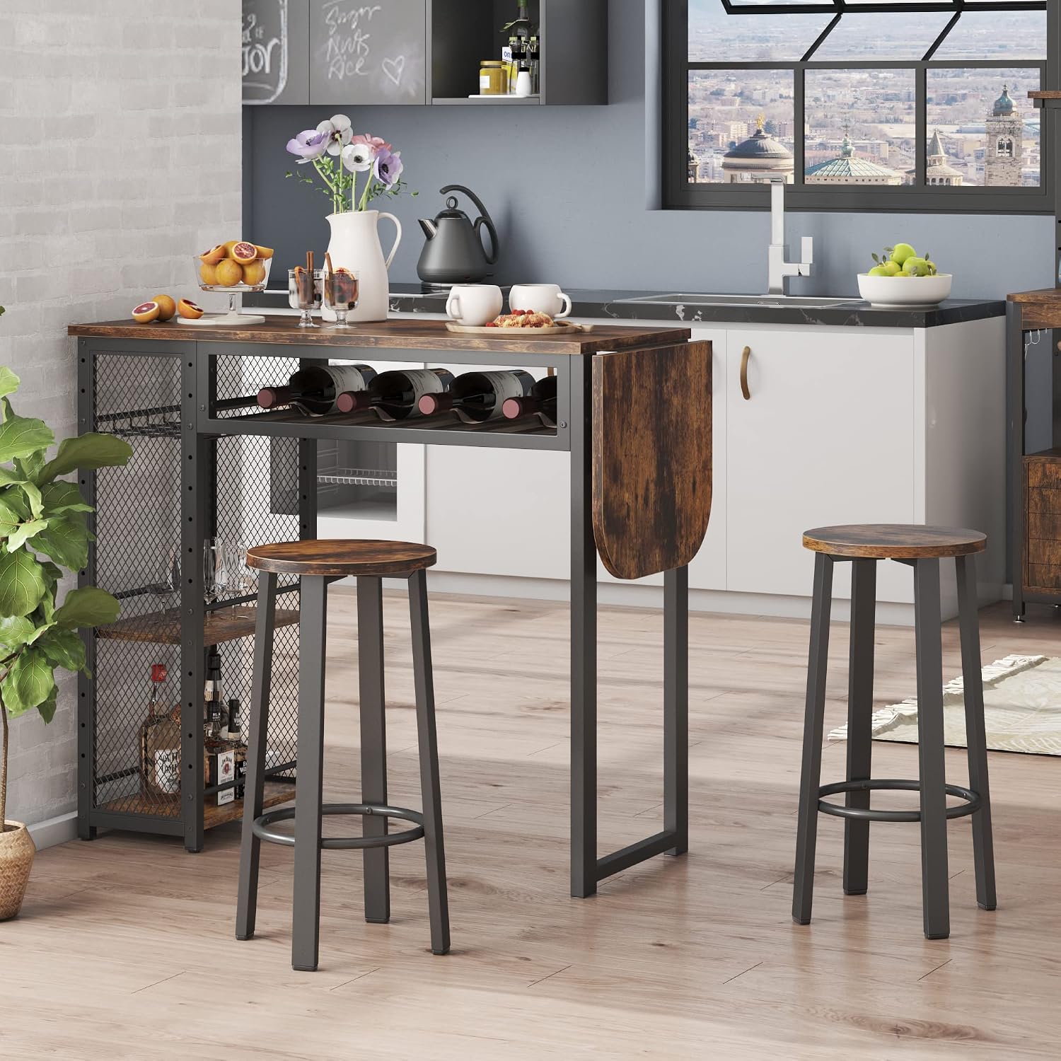 Thumbnail 4 de Bestier Expandable Bar Table and 2-Stool Set with Wine Rack and Adjustable Shelves