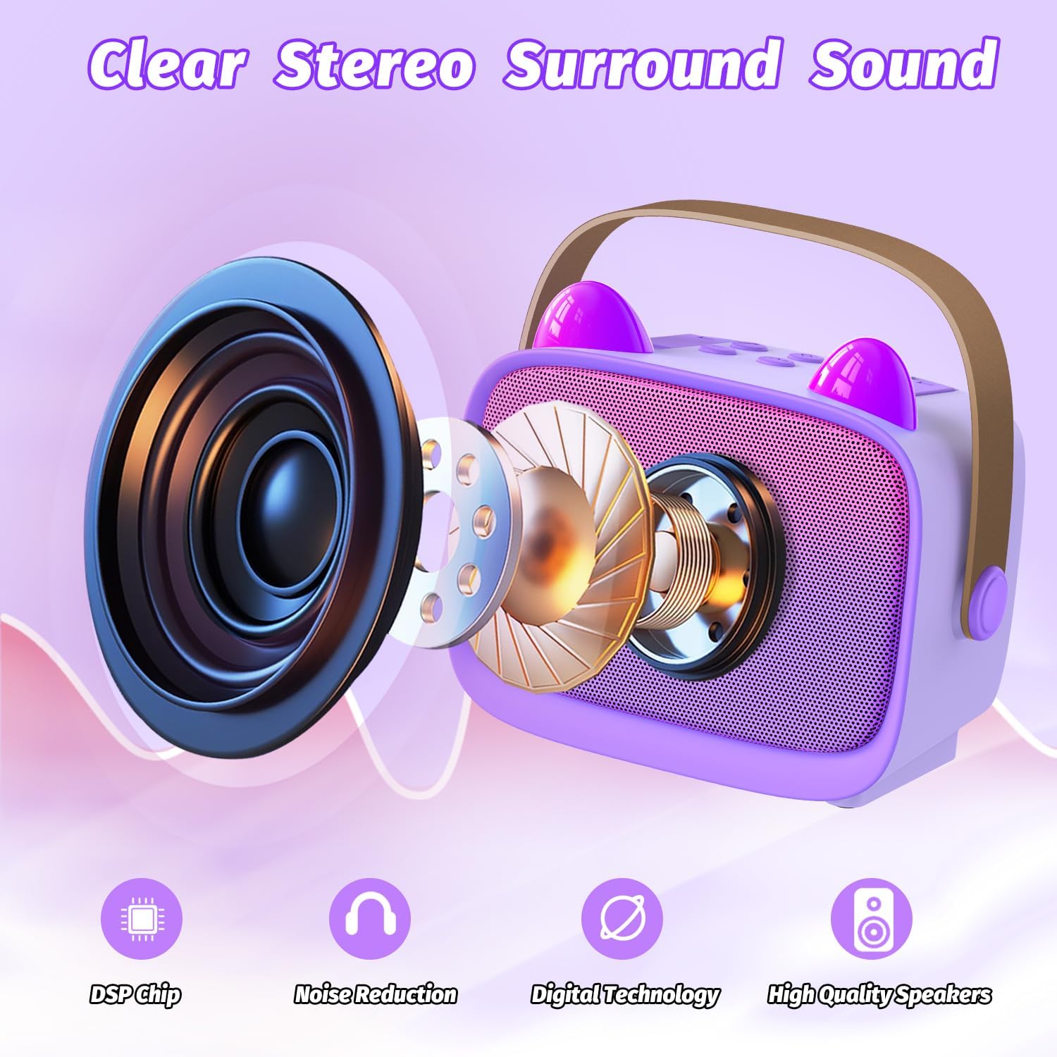 Thumbnail 2 de Mini Karaoke Machine Toys Gifts for Kids with 2 Wireless Microphones and LED – Portable MP3 Player