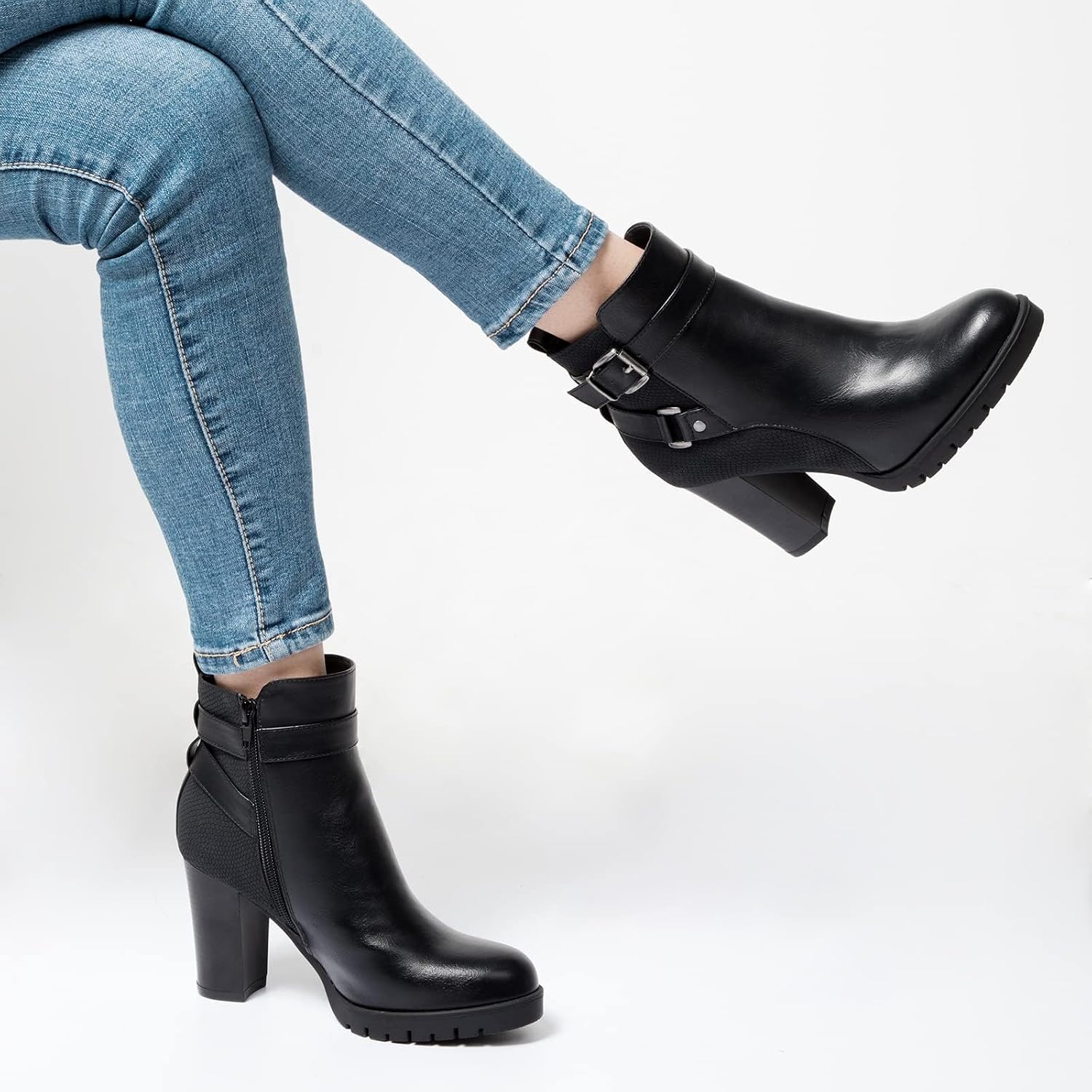 Detalle 2 de mysoft Women's Wide Ankle Boots with Side Zip and 3.2-Inch Stacked Heel