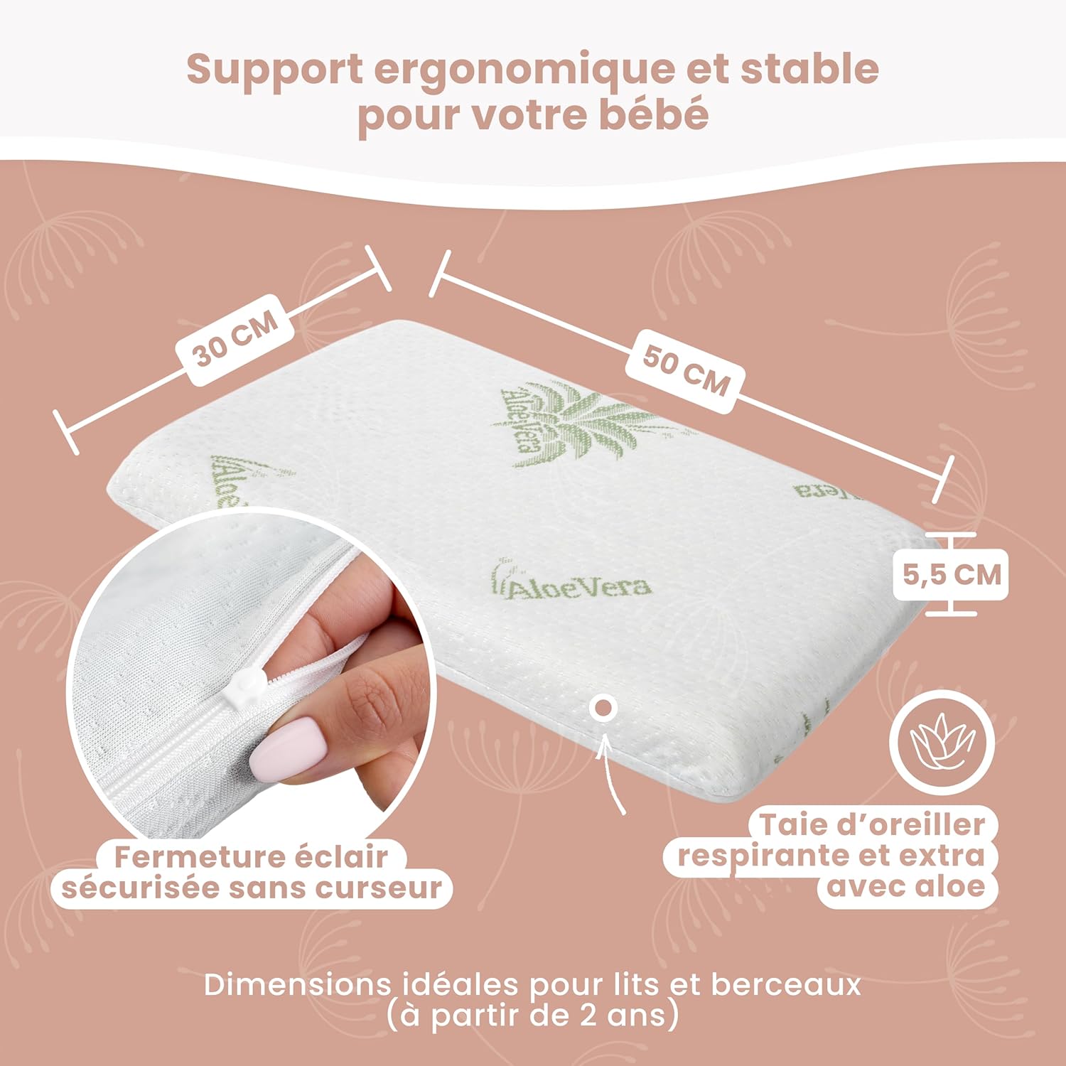Thumbnail 1 de MIMUSELINA Oreiller mémoire de forme 50x30x5,5 cm pour bébé et enfant avec housse Aloe Vera amovible