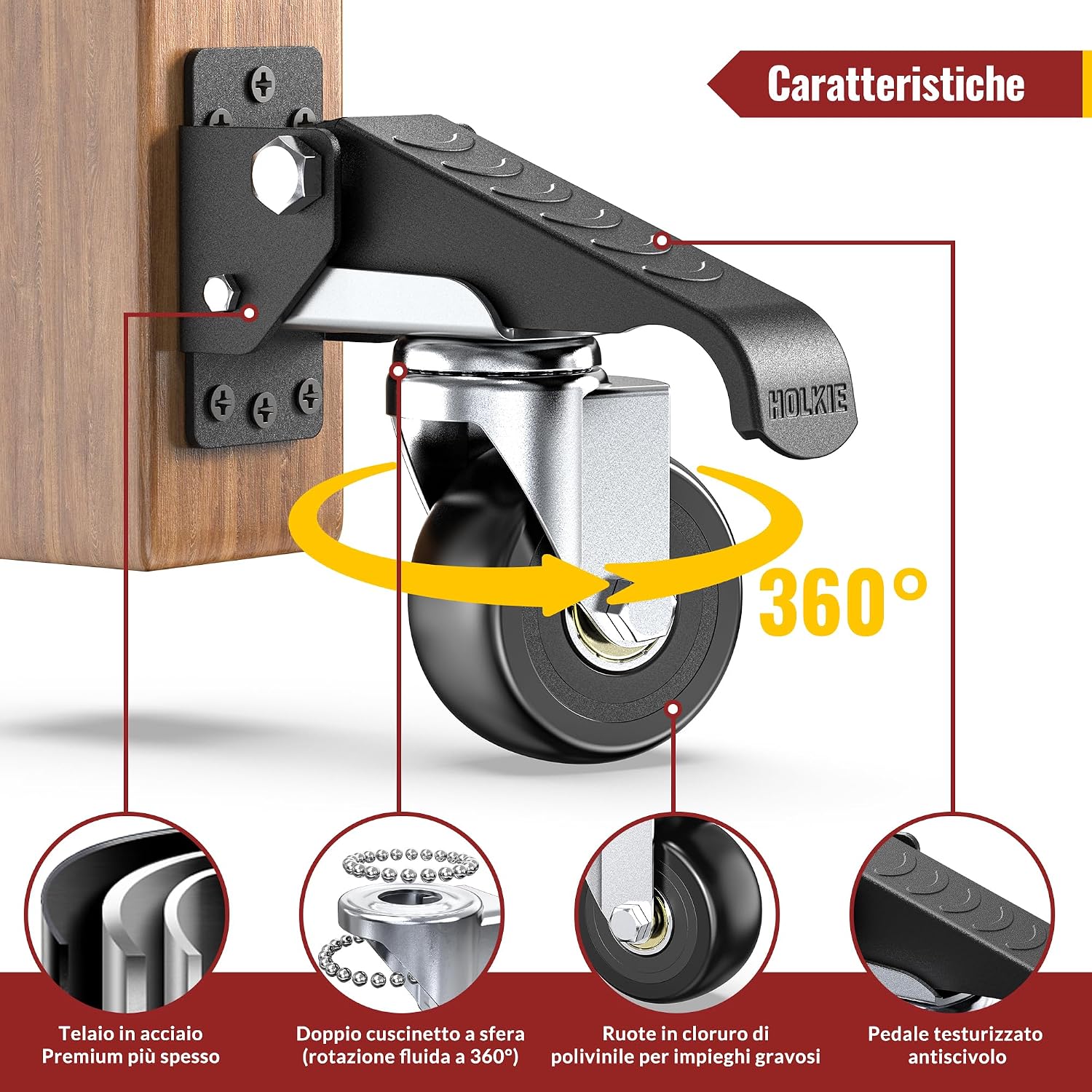 Detalle de HOLKIE Ruote retrattili per carichi pesanti a 4 ruote, carico 315 kg, sollevamento e bloccaggio