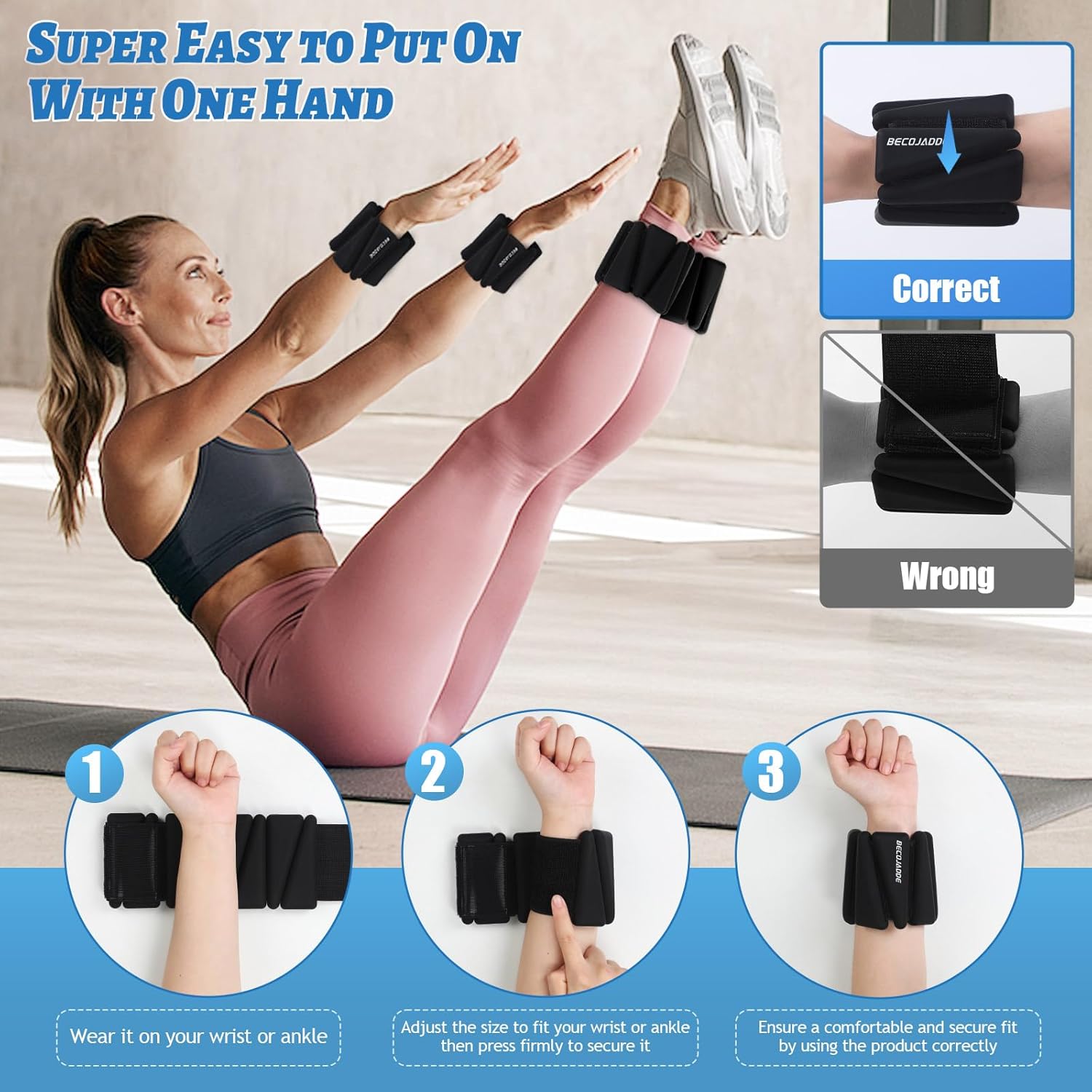 Detalle de BECOJADDE Ankle Weights Set of 2 (1 lb/2 lb/3 lb Each) — Adjustable Wrist Weights for Strength, Yoga, and Cardio