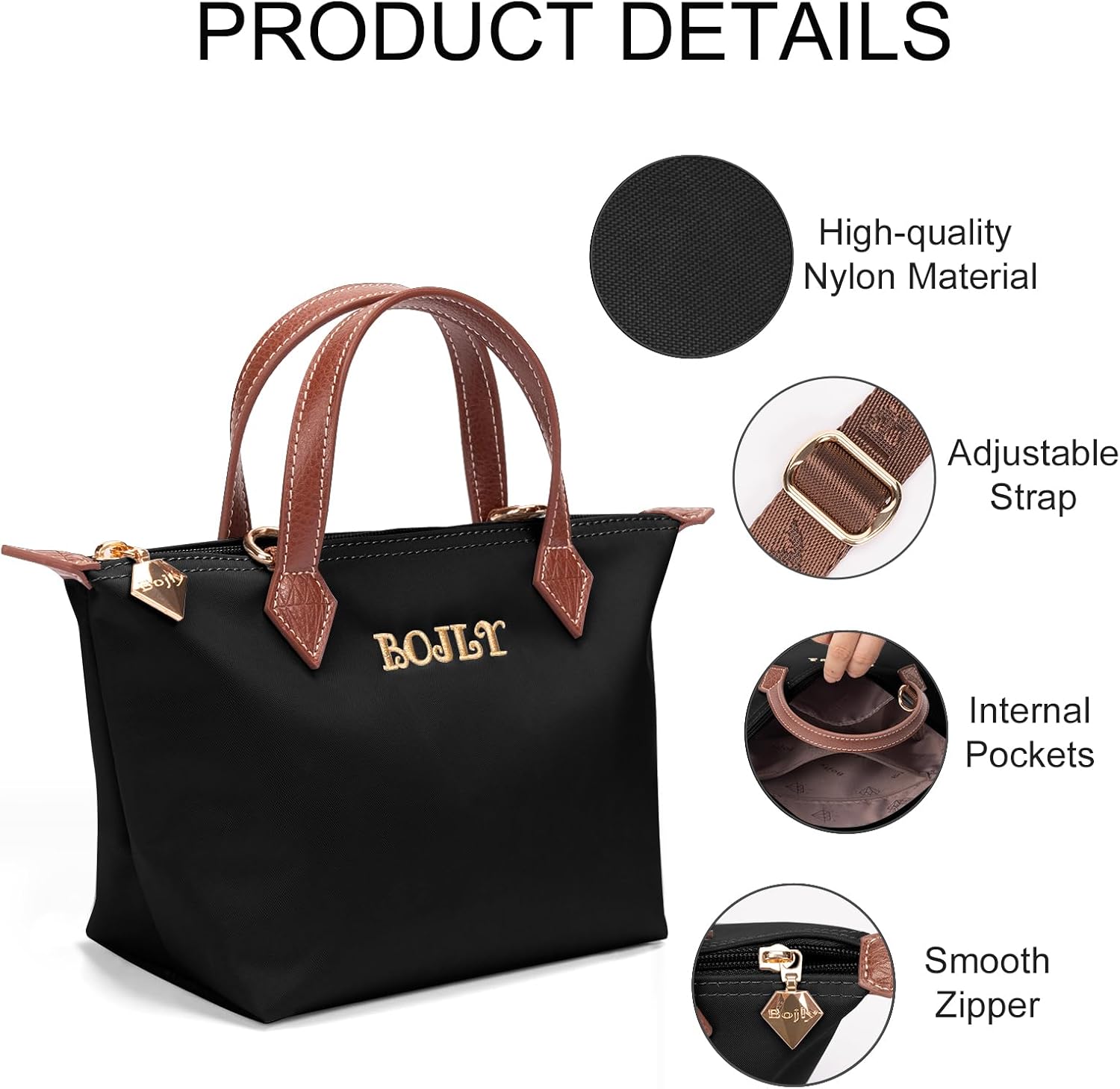 Detalle de BOJLY Women's Crossbody Bag with Adjustable Shoulder Strap: Water-Repellent, Lightweight Nylon Everyday Bag
