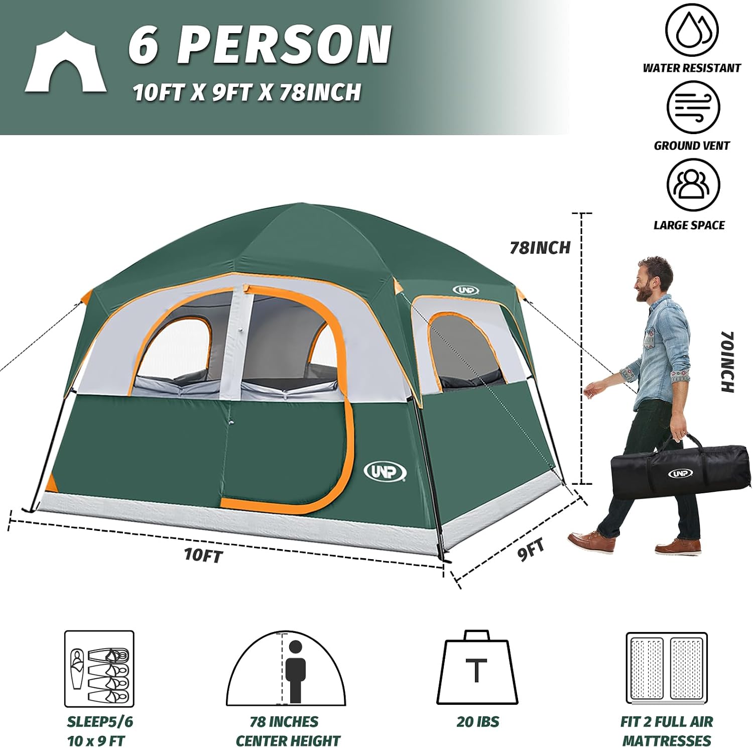 Detalle de UNP 6 Person Camping Tent: Waterproof Family Cabin with Rainfly, 10' x 9' x 78