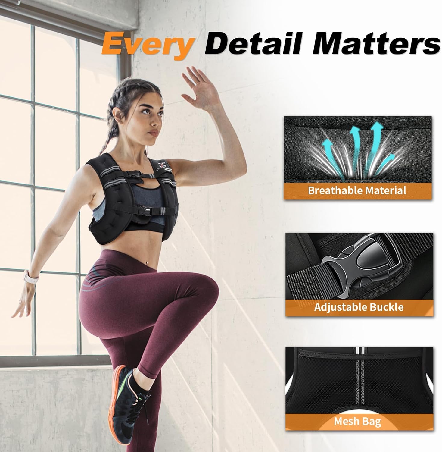Detalle de VBSD Weighted Vest for Women (6lb–30lb) with Adjustable Fit, Reflective Straps & Storage Pockets