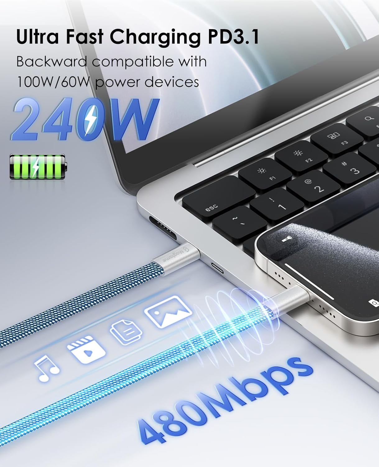 Thumbnail 2 de Magtame Flat 240W Magnetic USB-C to USB-C Cable (1.5m, 5A) – fast charging and neat cable storage