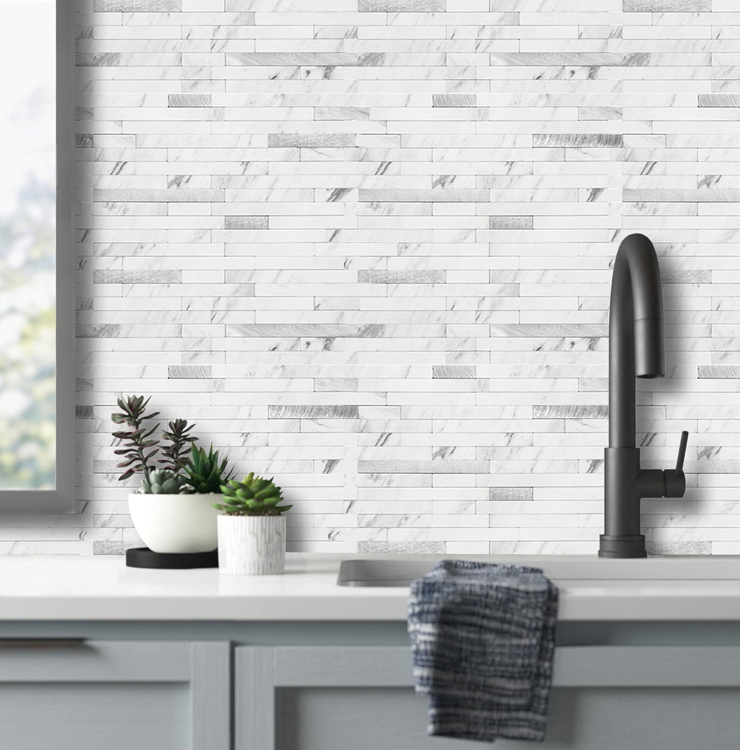 Thumbnail 5 de AULIGET 20 Sheets Faux Stone Peel and Stick Backsplash Tiles (White Marble Look) for Kitchen