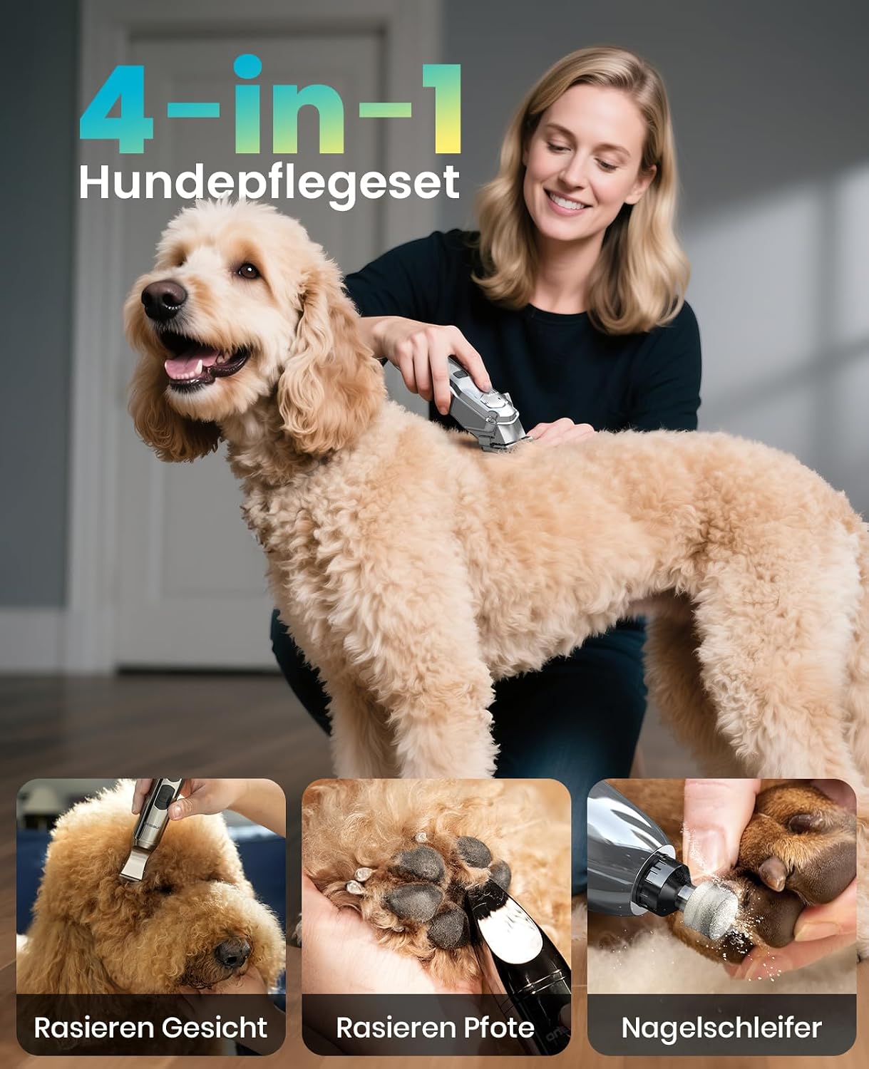 Detalle de oneisall 4-in-1 Hundeschermaschine für dickes Fell (leise Profi-Schermaschine, Pfotentrimmer & Nagelschleifer, 4h Akku)