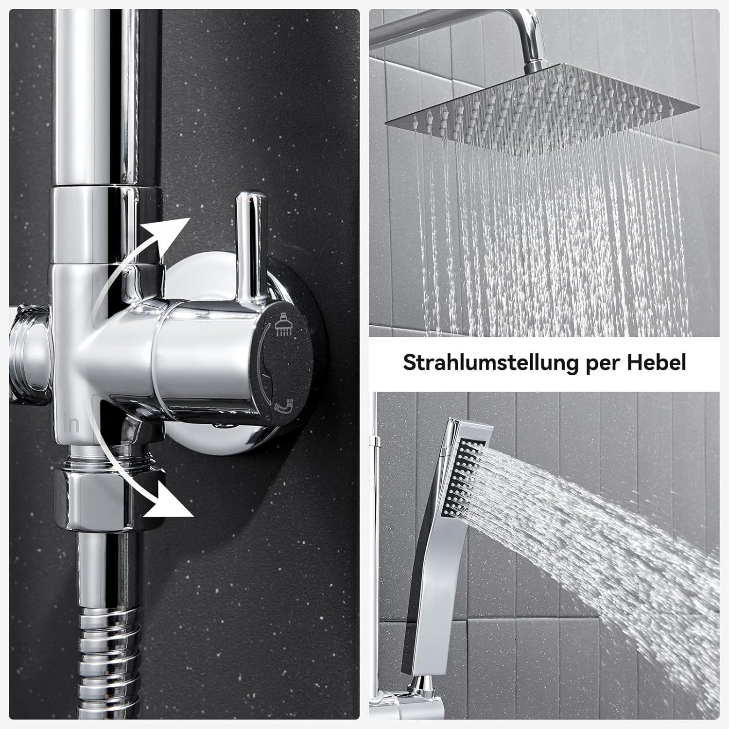 Thumbnail 3 de Auralum Regendusche ohne Armatur – eckiges Duschsystem aus Edelstahl mit 20×20 cm Regenduschkopf, Handbrause & höhenverstellbarer Stange