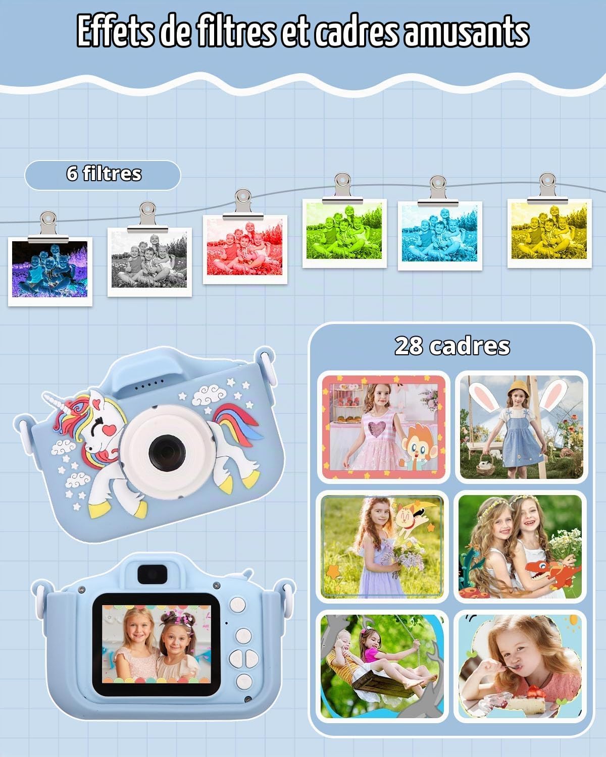 Detalle 2 de Azyvum kindercamera met 1080p-video, dubbele lens en 64 GB-kaart