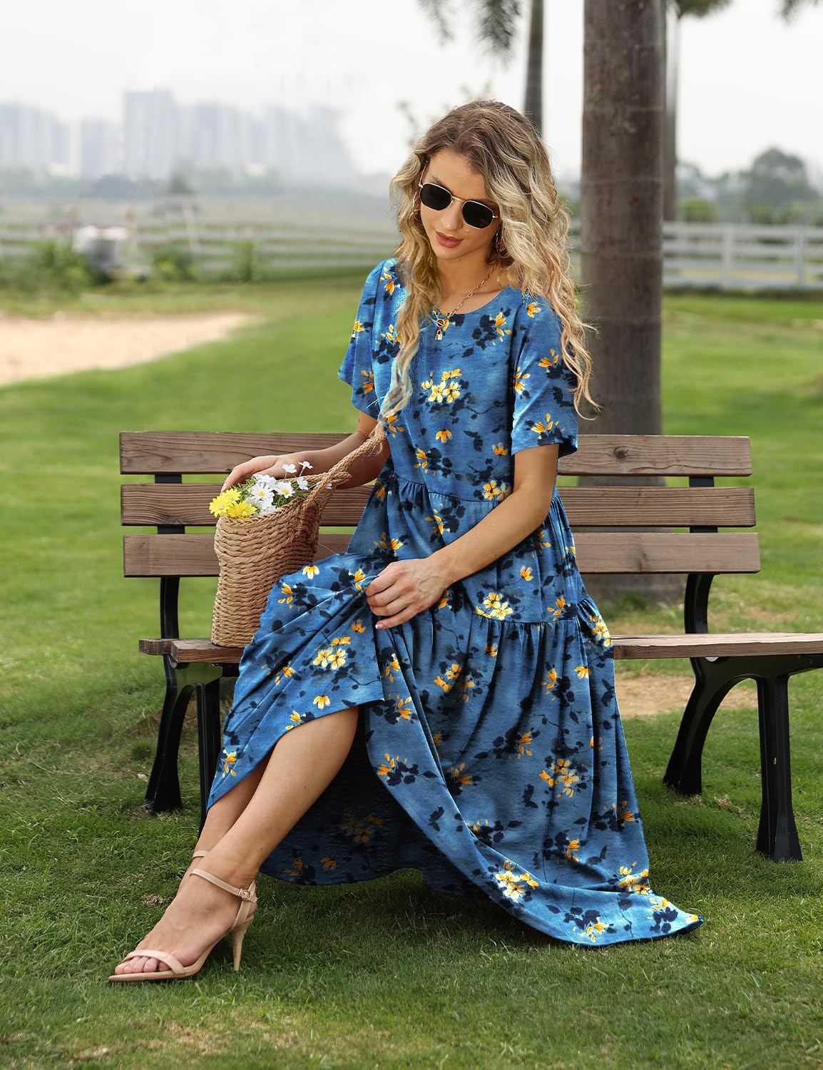 Detalle de YESNO Damen Sommer-Maxikleid aus Baumwolle mit Blumendruck und verstellbaren Trägern
