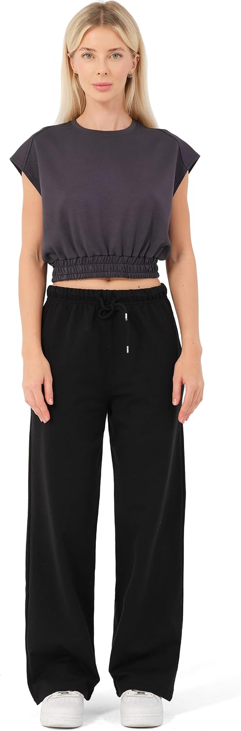 Detalle 2 de ROSS CAMP joggingbroek voor dames van katoen met wijde pijpen en elastische taille