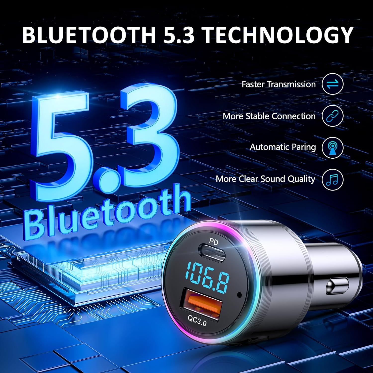 Detalle 2 de LENCENT Transmisor FM Bluetooth 5.3 para coche