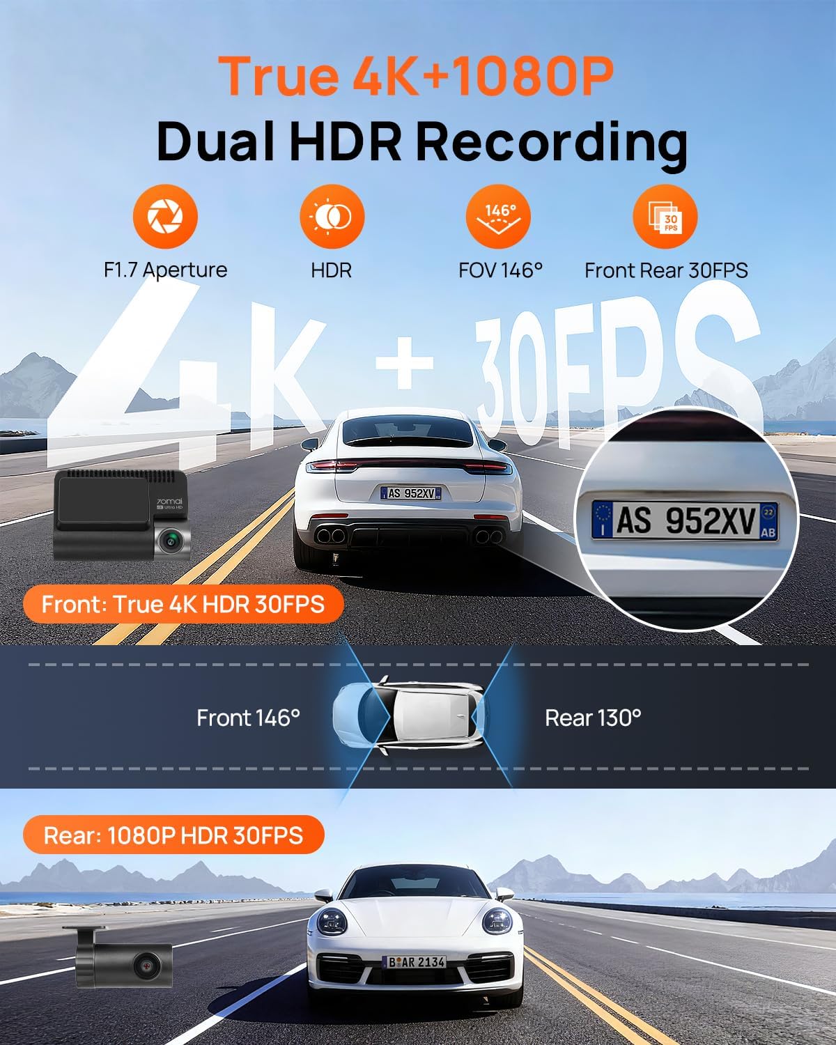 Thumbnail 2 de 70mai 4K Dash Cam Front and Rear A810S (4K+1080P) with STARVIS 2, HDR, WiFi App Control, ADAS & Parking Mode