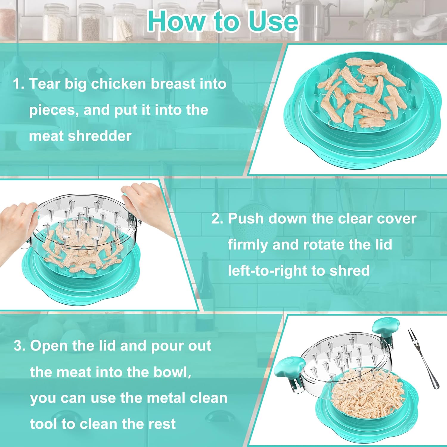 Thumbnail 5 de SURETIVIAN Large Chicken Shredder with Twist, Brush & Fork – Visible Shredding Lid, BPA Free, Mint Green