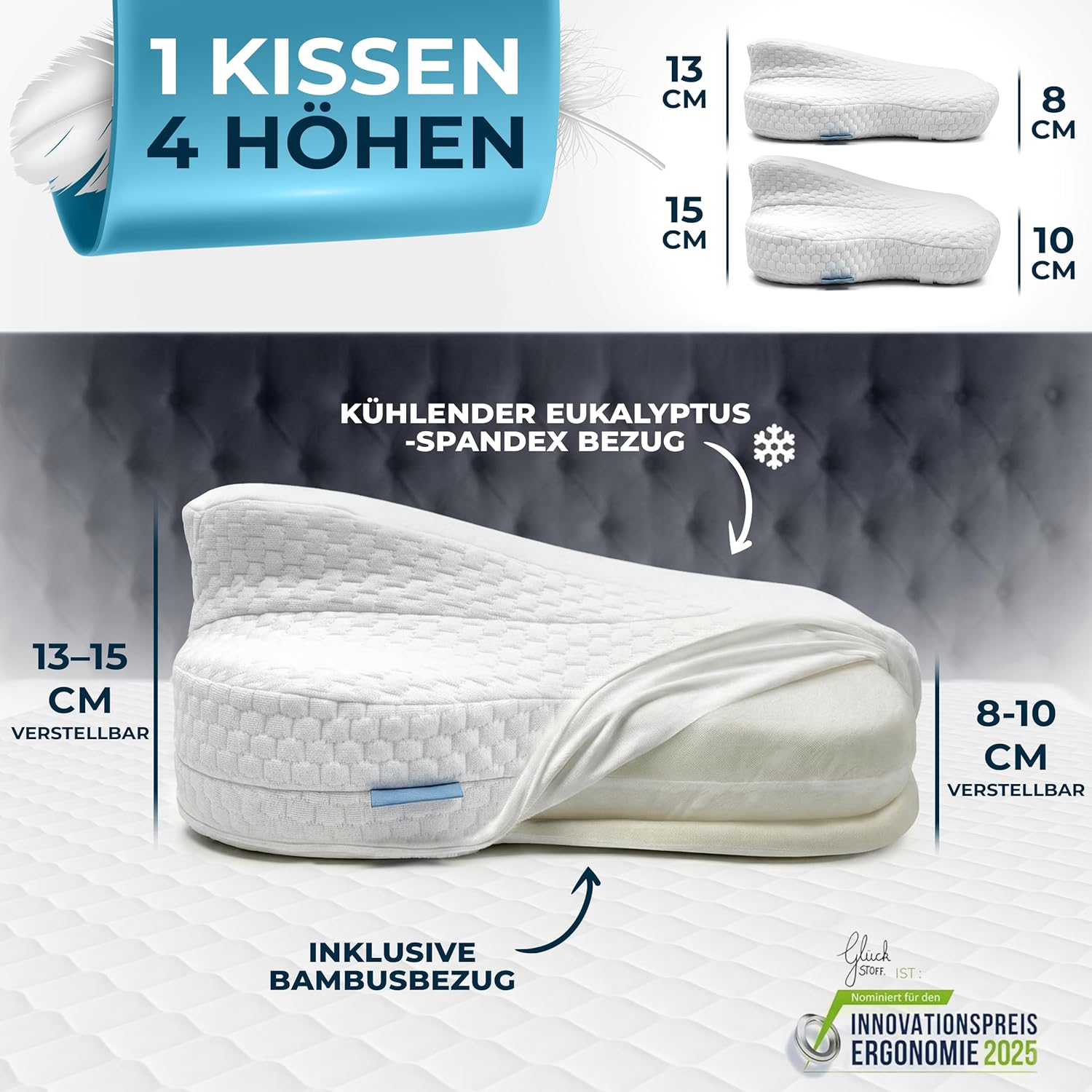 Detalle de Glückstoff® Ergonomisches Kissen – Memory Foam Nackenstützkissen, Allrounder