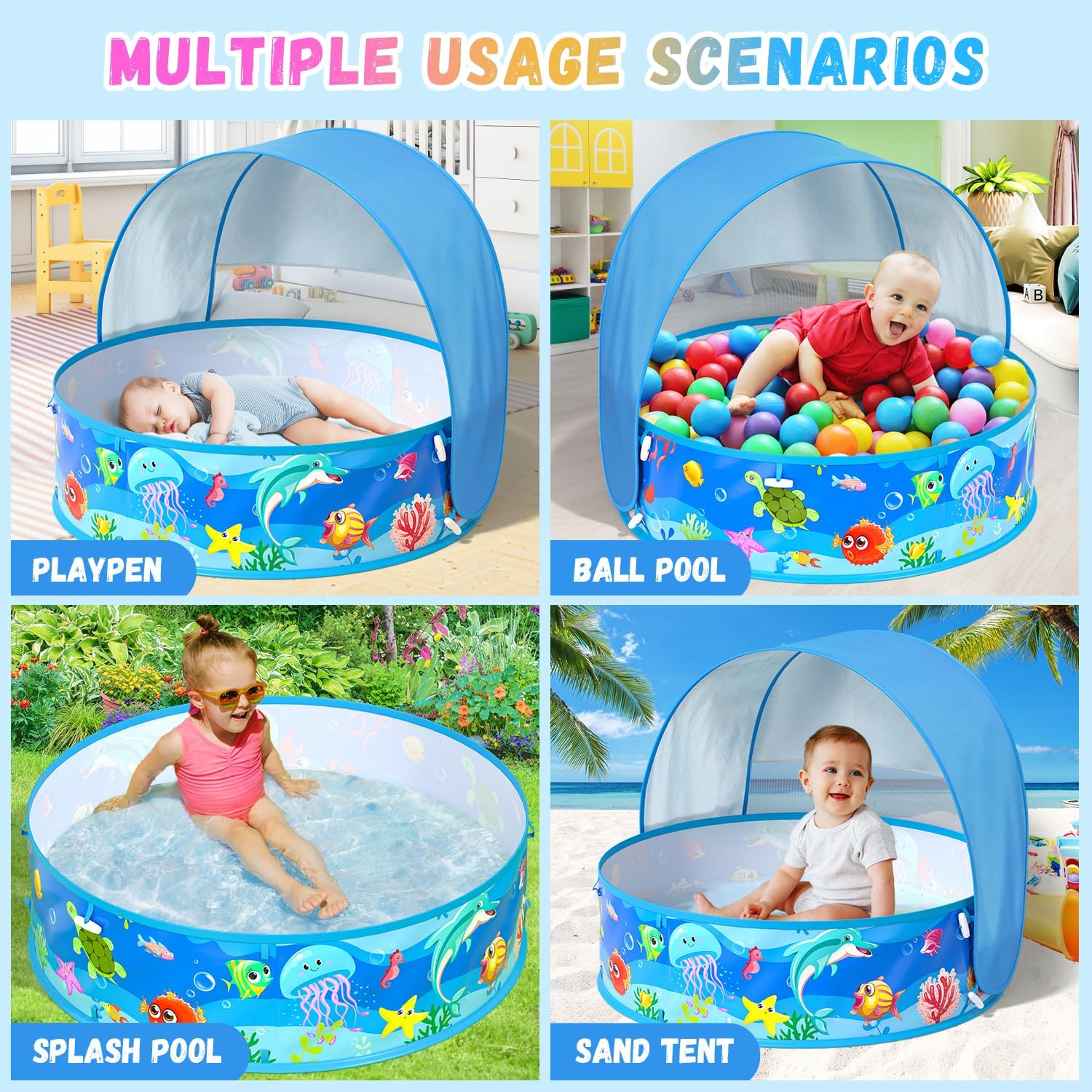 Thumbnail 1 de Baby Pool with Canopy Foldable Kiddie Pool with Sun Shade for Toddlers - 35-Inch Portable Water Play