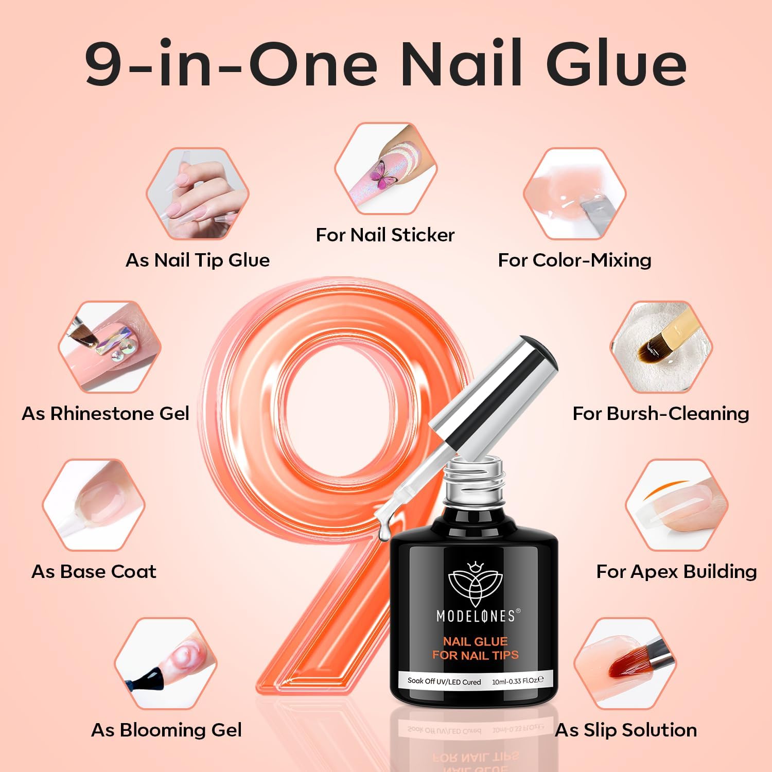 Thumbnail 4 de Modelones X Nail Gel Kit Medium Square: 9-in-1 Glue Gel, 216 Tips, Mini UV Lamp