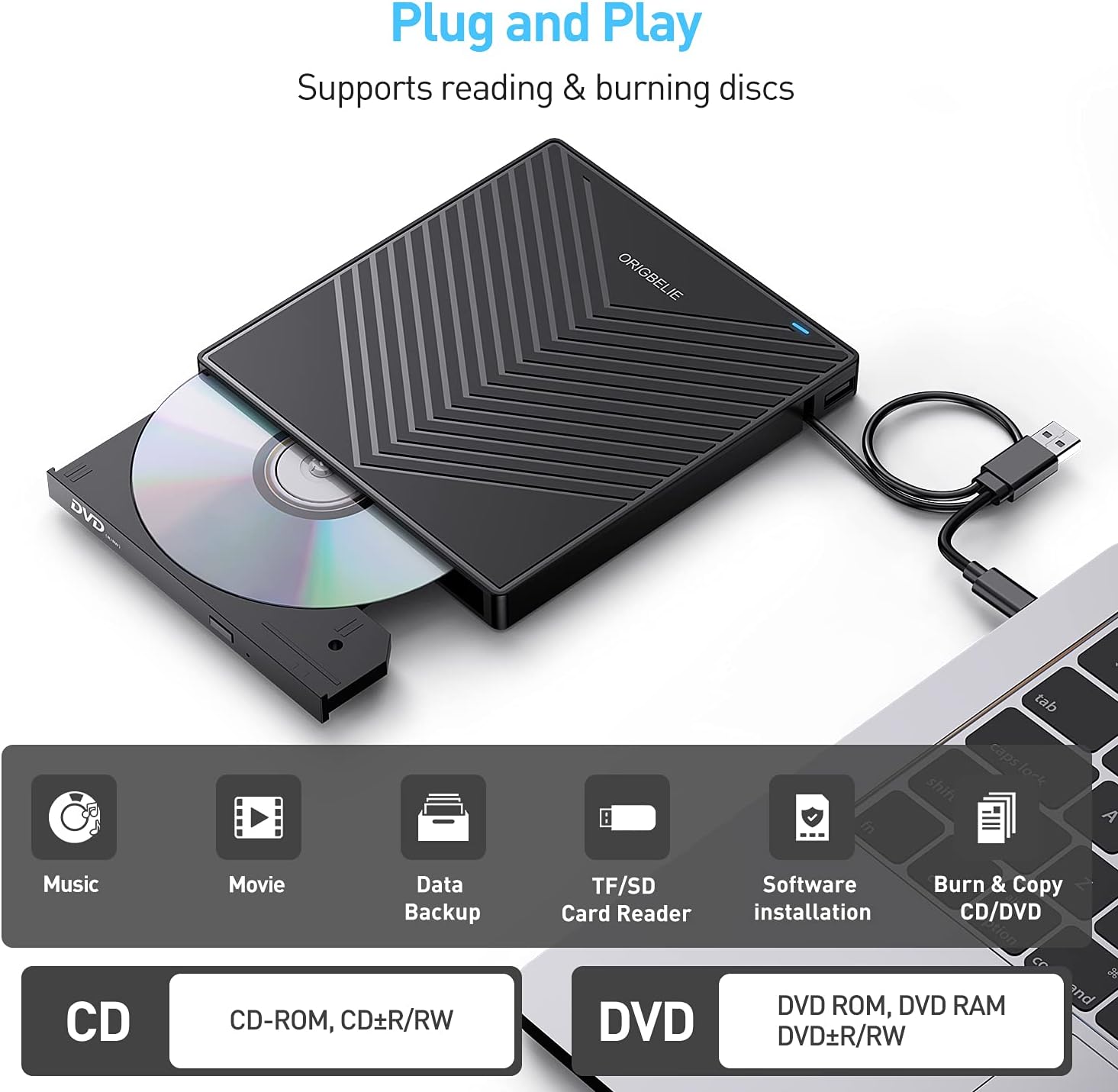 Thumbnail 3 de ORIGBELIE Lector CD DVD Externo USB 3.0